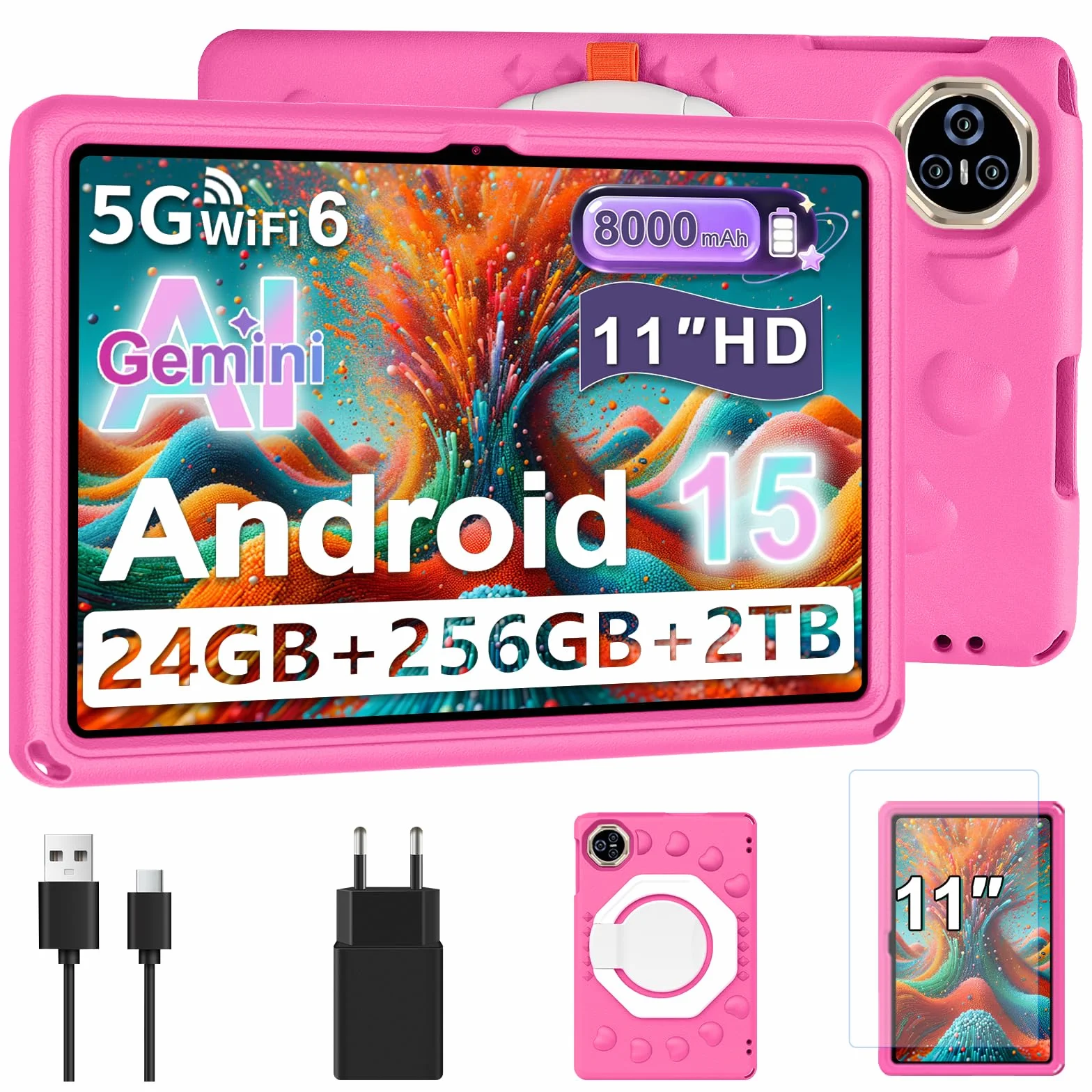 Tablette Android 15 pour enfants 11 Pouces 24Go+256Go/2To Octa-Core Gemini AI Widevine L1 8000 mAh 13MP+5MP EVA Silicone Étui Protection Boîtier Métallique Rose