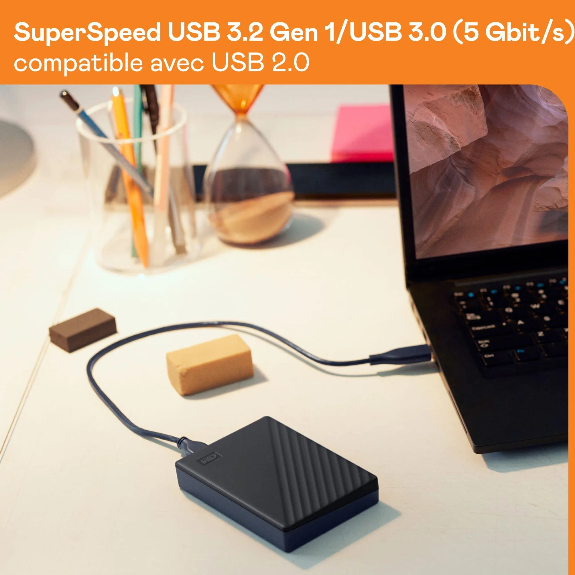 WD 5To My Passport Disque Dur Externe Portable, Sauvegarde et Protection par Mot de Passe, Noir