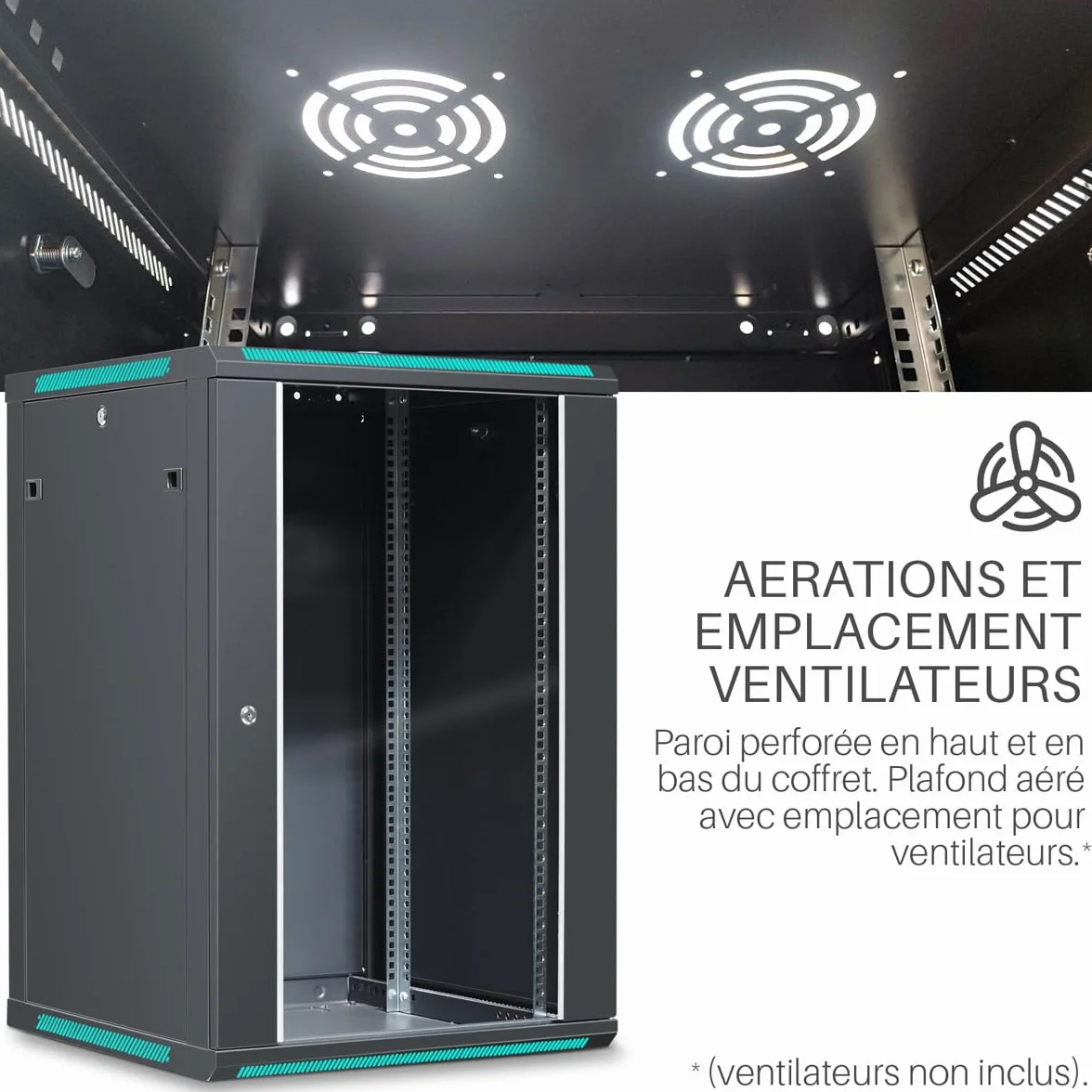 WAYTEX Coffret 19 Pouces 18U 600 x 600 mm Noir Porte vitrée à Serrure