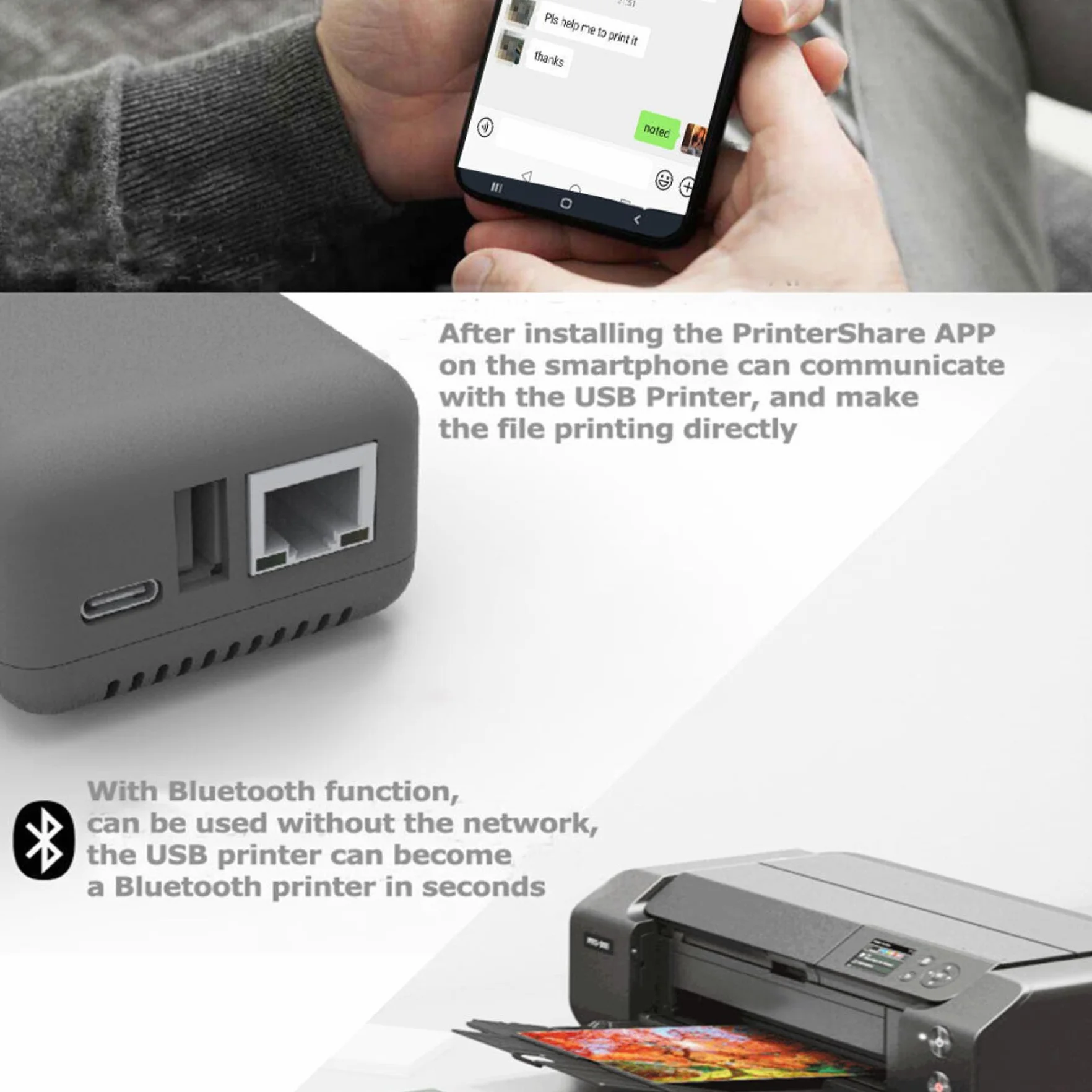 Bewinner Serveur d'impression sans Fil USB 2.0 1 Port Réseau avec Type C