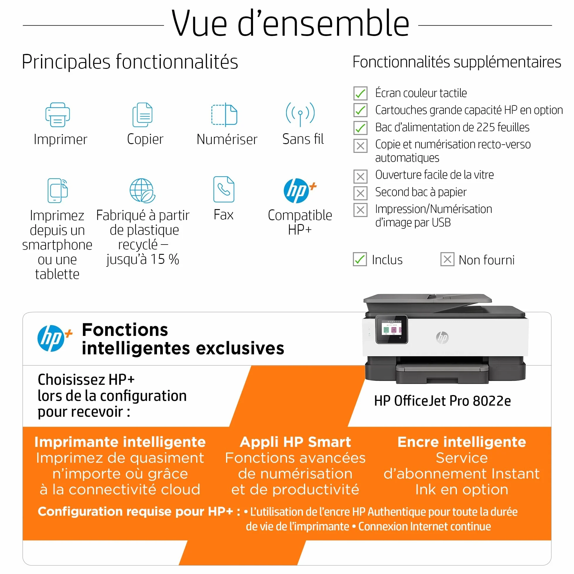 HP OfficeJet Pro 8022e Imprimante tout en un Jet d'encre couleur avec 6 mois Instant Ink inclus