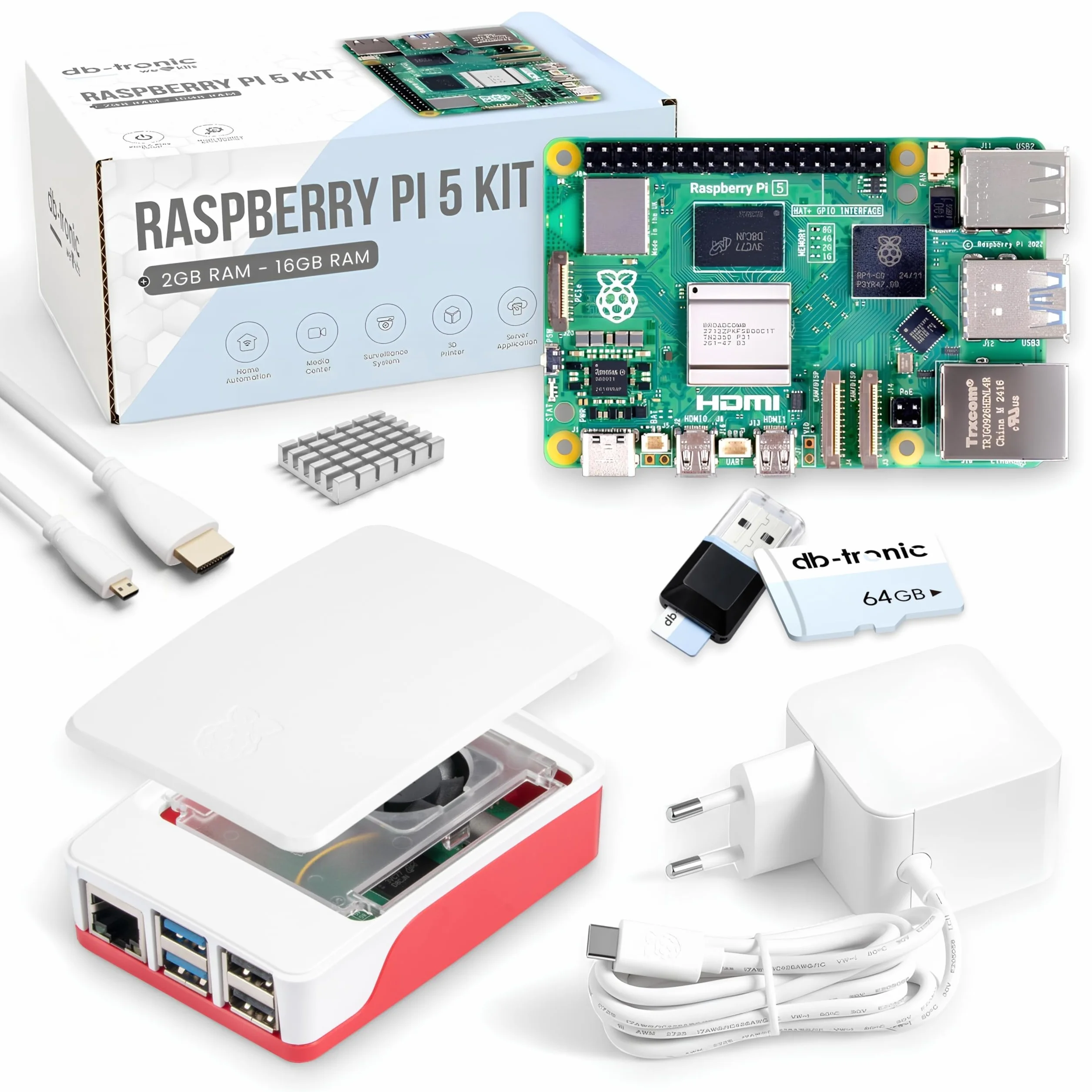 Raspberry Pi 5 1 Go Starter Kit Édition 64 Go Alimentation 27 W Boîtier Ventilateur Micro HDMI 4K Dissipateur alu