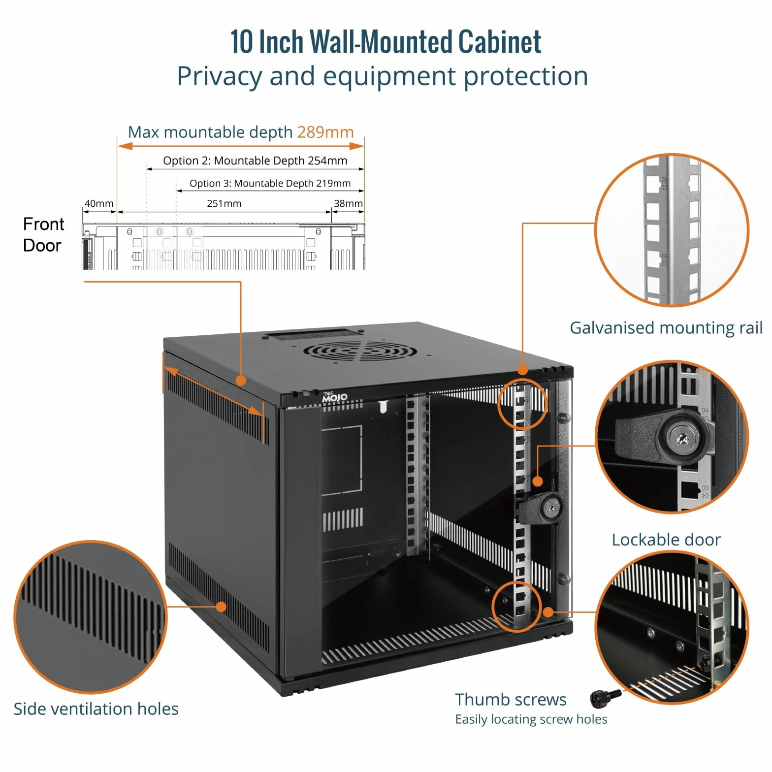 Tecmojo Armoire Réseau Murale 10 Pouces 6U 330mm 50kg Porte Vitrée Noir