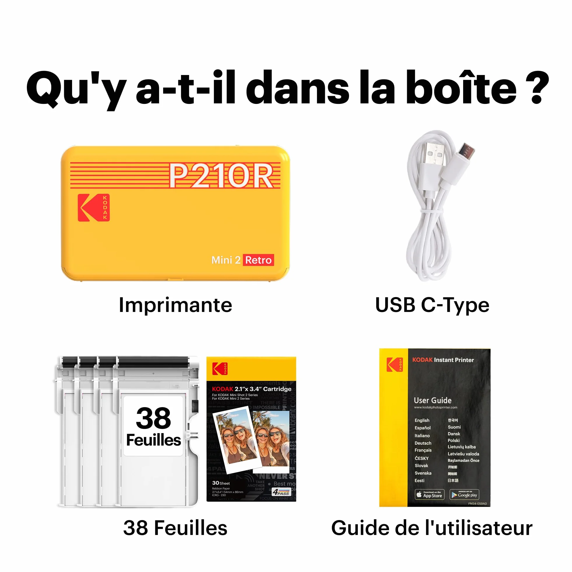 KODAK Mini 2 Retro Imprimante Photo 5,3 x 8,6 cm, 38 Feuilles, Bluetooth, Sublimation 4PASS, Blanc