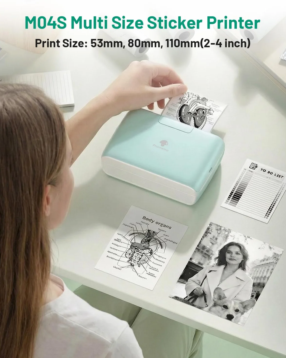 Phomemo M04S Mini Imprimante Thermique Portable, 53/80/110 mm, 300dpi, iOS Android, Vert