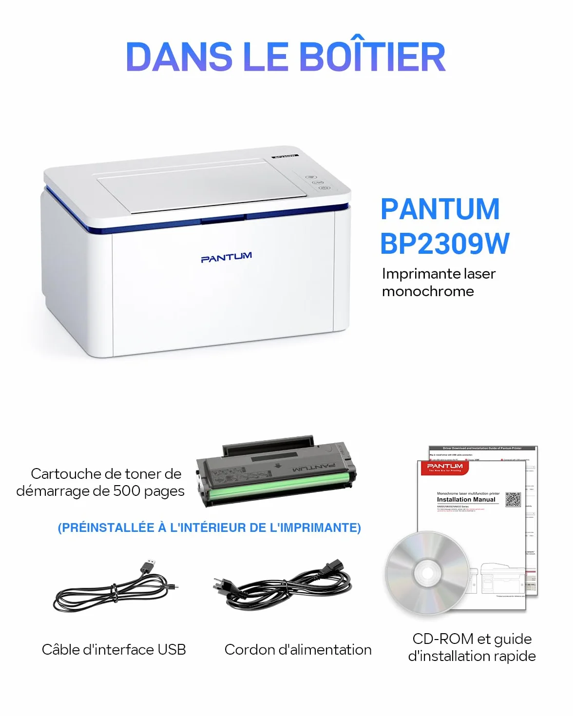 PANTUM BP2309W Imprimante Laser WiFi Noir et Blanc, 20 Pages/Minute, Recto-Verso Manuel, Airprint Mopria