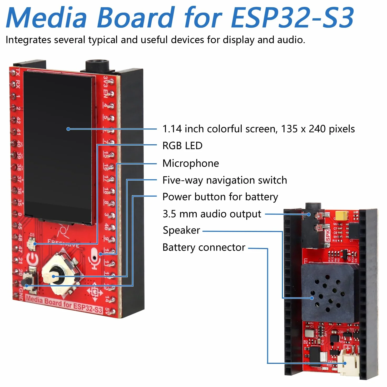 Freenove Media Kit ESP32-S3 CAM 1.14 inch Screen Dual-Core 32-bit 240 MHz Microcontroller Camera Wireless Speaker Microphone