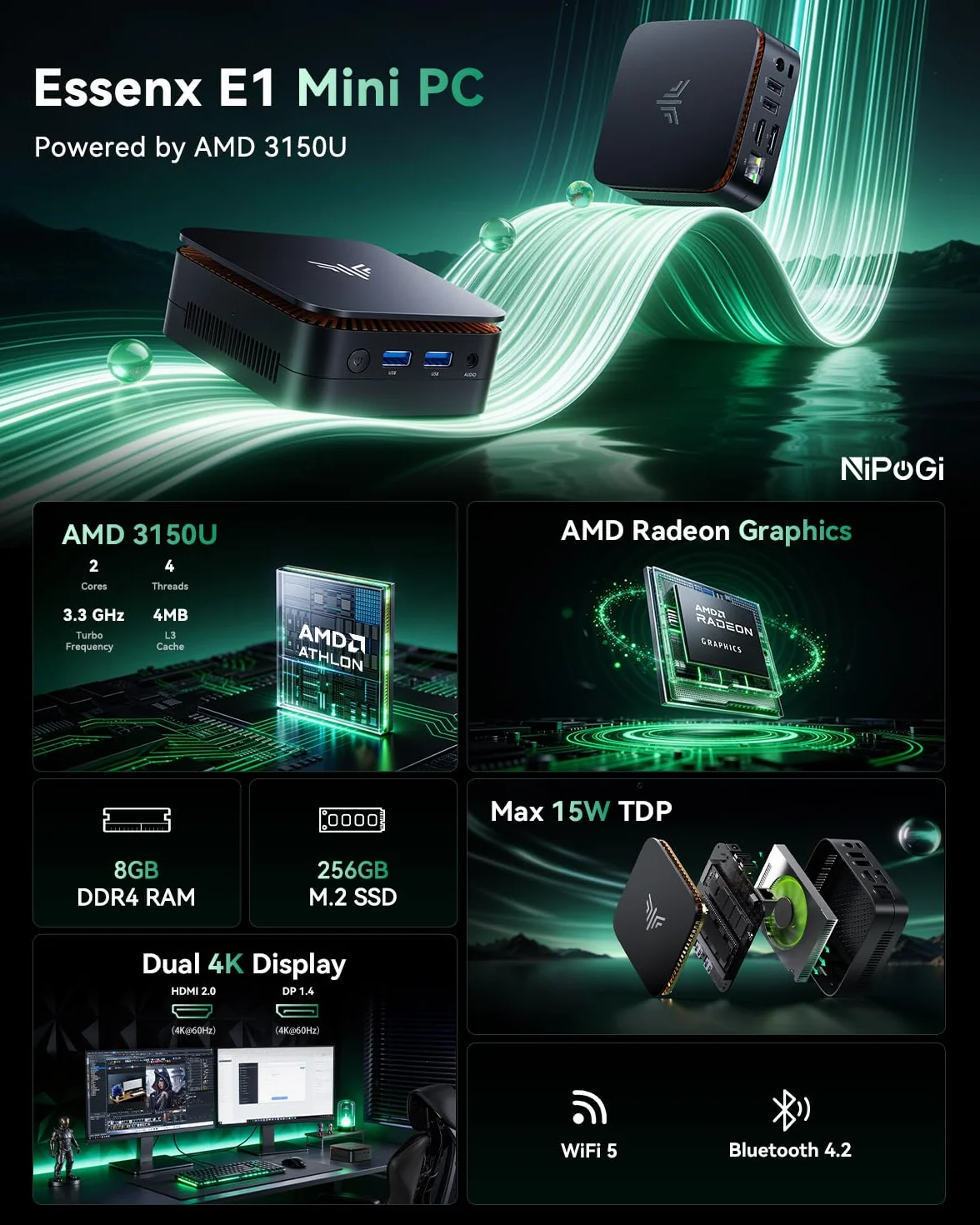 NiPoGi Essenx E1 Mini PC AMD 3150U 8Go DDR4 RAM 256Go SSD 4K Dual Display HDMI 2.0 DP1.4 WiFi5 BT4.2 LAN Ordinateur de Bureau