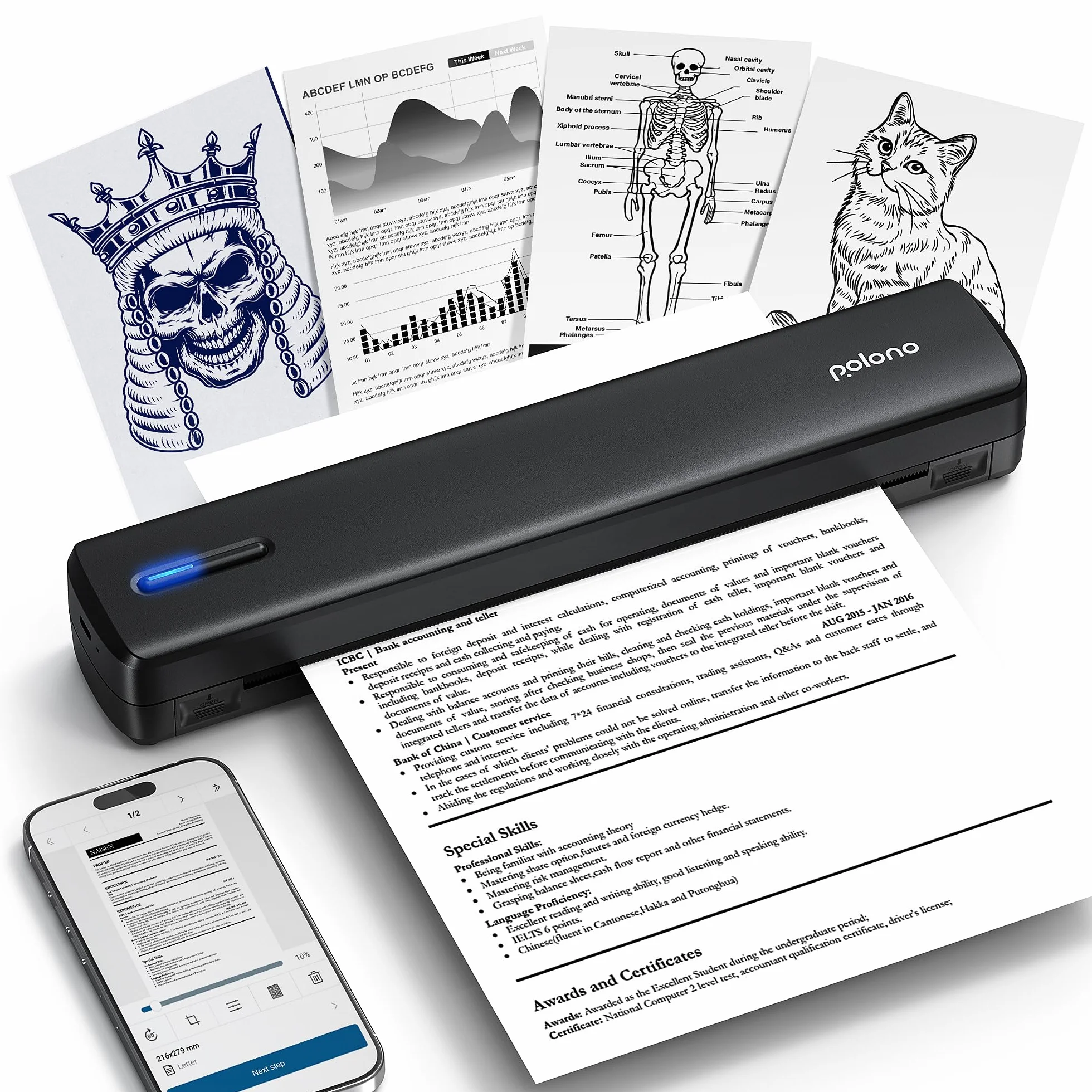 POLONO Imprimante thermique A4 sans fil portable pour voyage, compatible iOS Android ordinateur