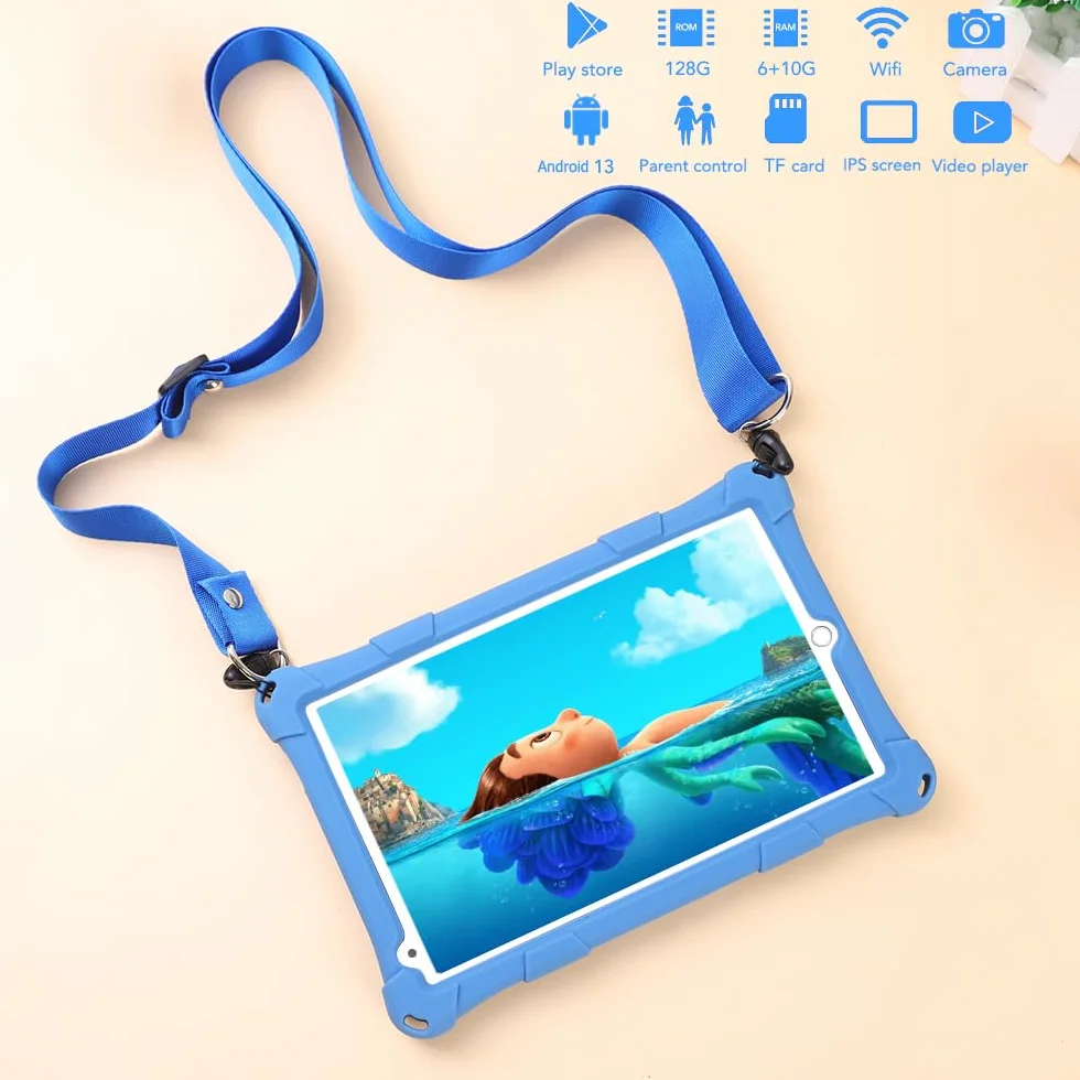 Tablette Enfants 8 Pouces Android 6+10 RAM 128Go ROM Carte TF 256Go certifiée Google Wi-Fi étui Antichoc Bleu