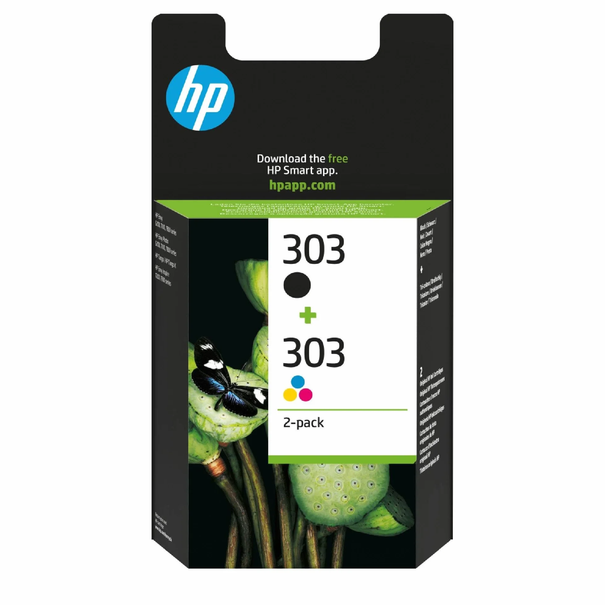 Cartouches d'Encre Originales HP 303, Pack de 2, 3YM92AE, Noir, Cyane, Jaune, Magenta, Compatible avec Envy Photo 6200/7100/7800, HP Tango, Tango X, ENVY Inspire 72XX, 79XX