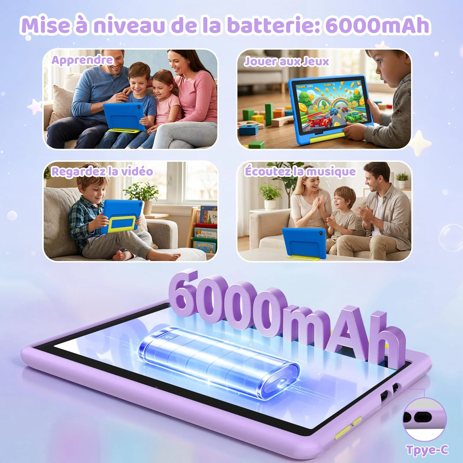 Tablette Enfants 10 Pouces Android 16, 24Go+64Go Extensible 1To, 6000mAh, WiFi 6, BT 5.4, Violette