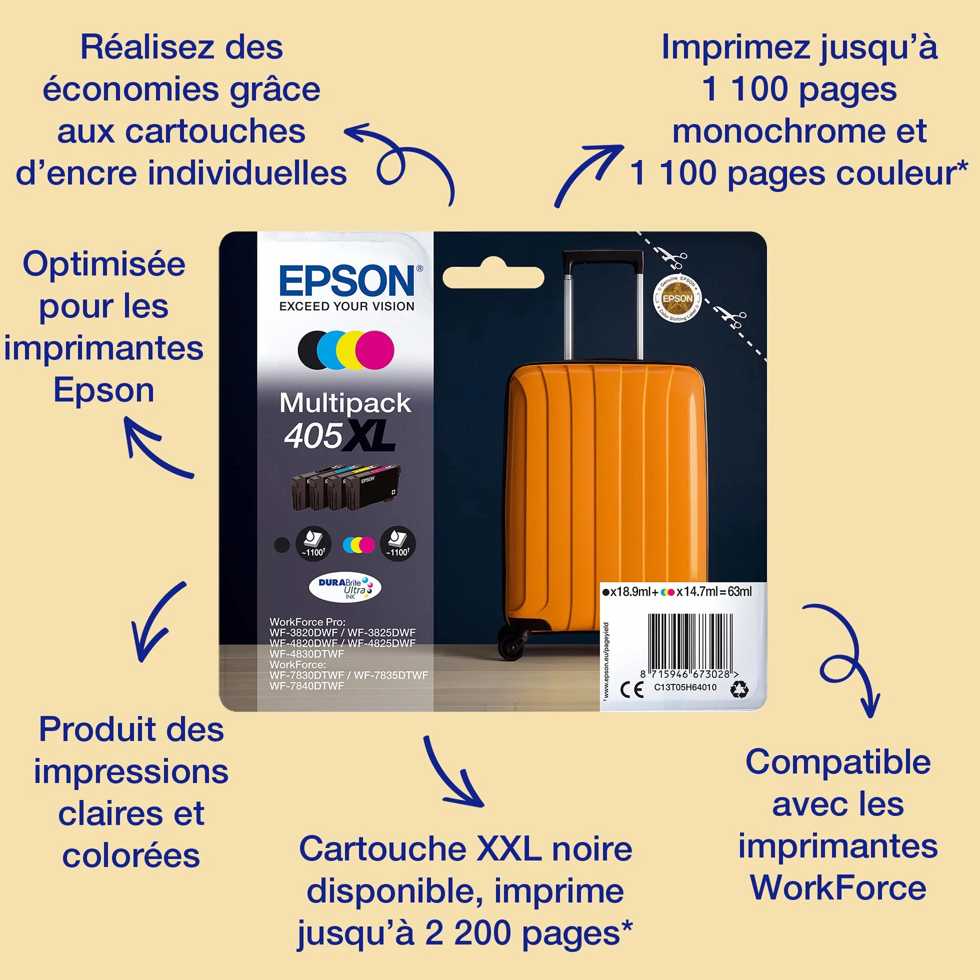 Epson Multipack 405 Valise Cartouches d'encre d'origine 4 couleurs Noir Cyan Magenta Jaune