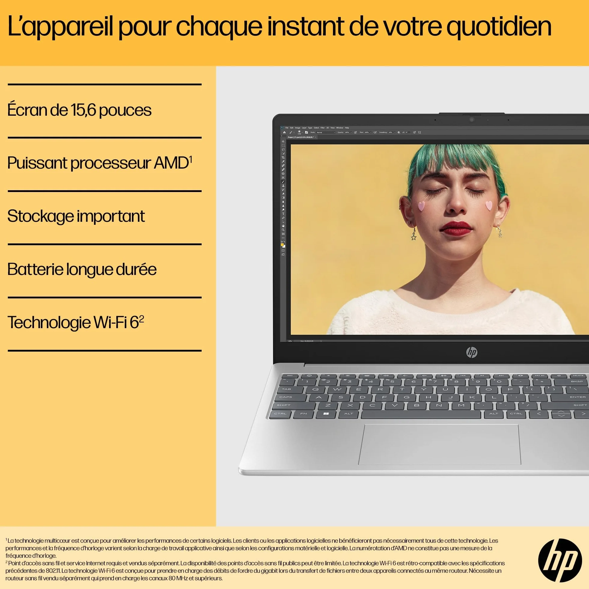 HP 15-fc0005sf Ordinateur Portable 15,6" FHD AMD Ryzen 5 7520U RAM 8 Go SSD 512 Go AMD Radeon Graphics Windows 11 Argent Clavier AZERTY
