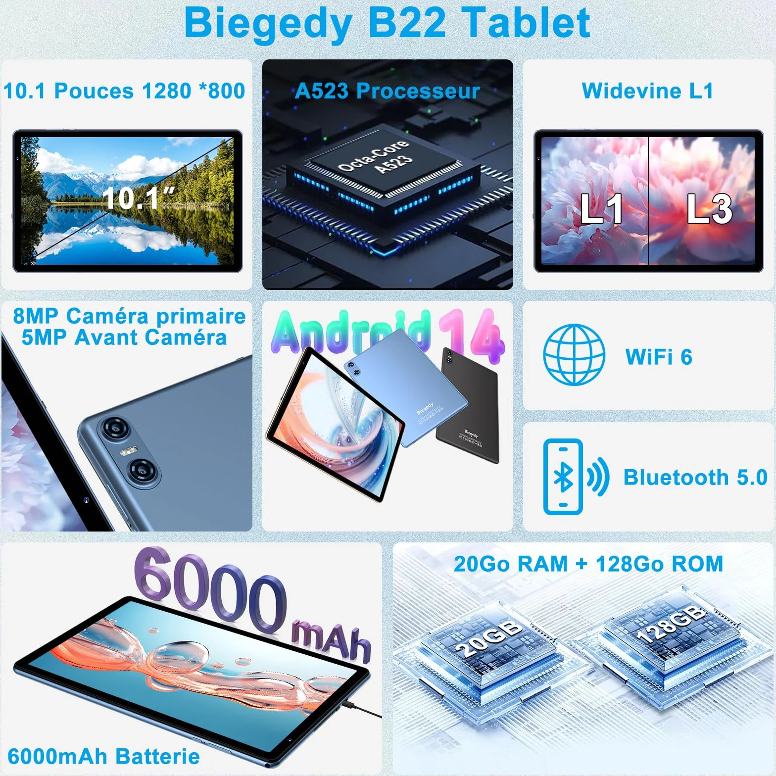 Tablette 10 Pouces Android 20Go RAM 128Go ROM Octa-Core 5G WiFi 6 Widevine L1 GMS GPS BT 5.0 6000mAh - Bleu