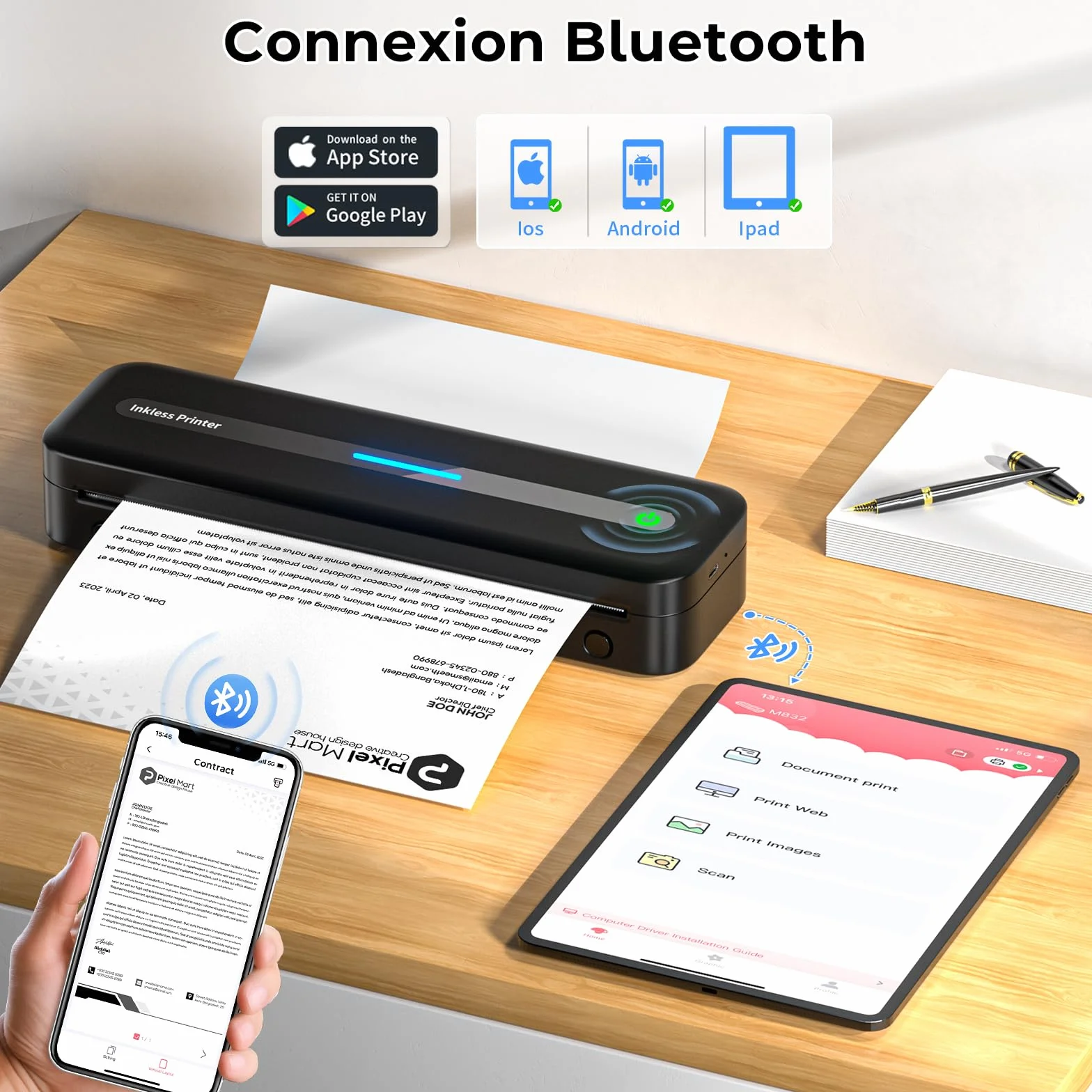 Imprimante Thermique A4 Portable Bluetooth 300 dpi sans Encre pour Voyage