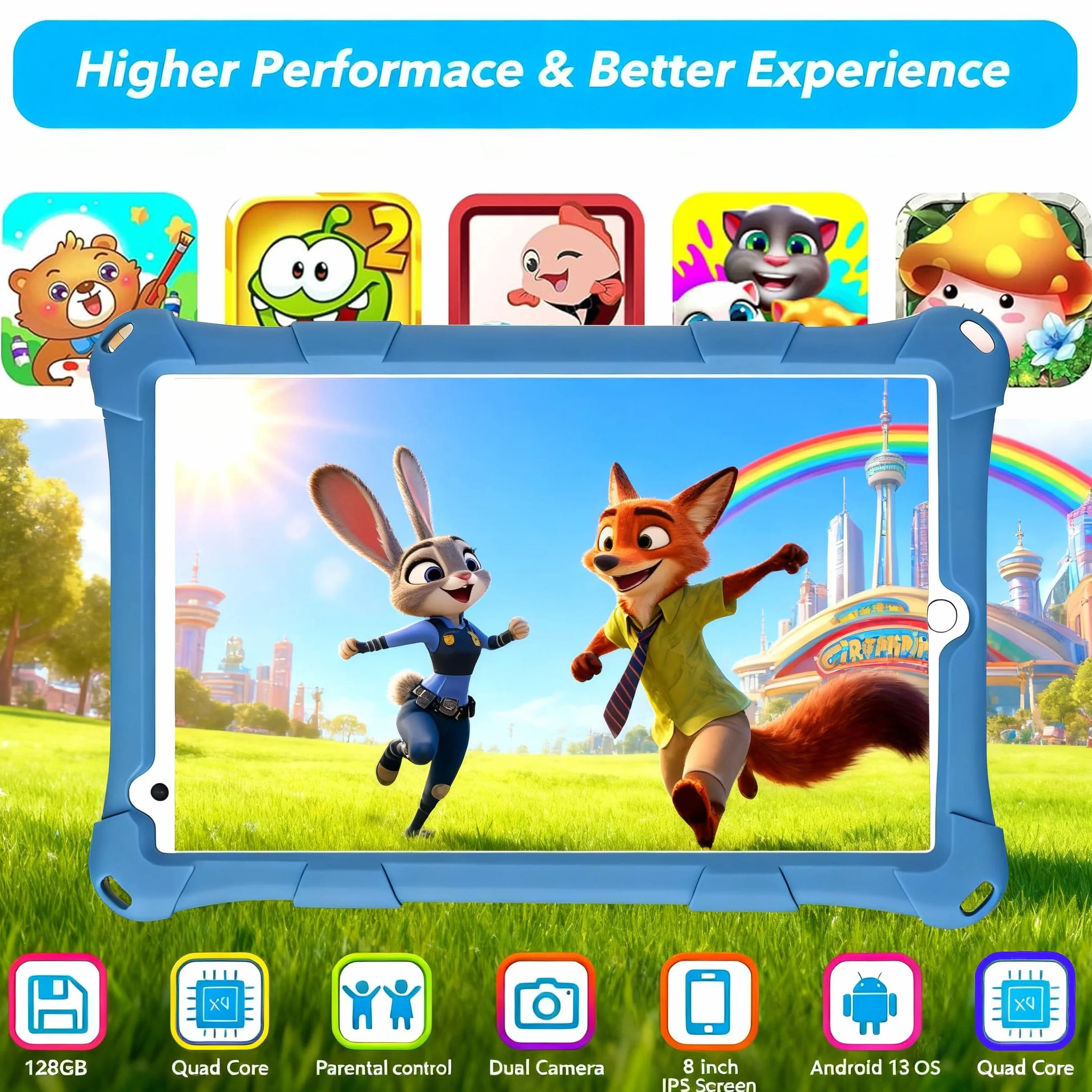 Tablette Enfants 8 Pouces Android 6+10 RAM 128Go ROM Carte TF 256Go certifiée Google Wi-Fi étui Antichoc Bleu