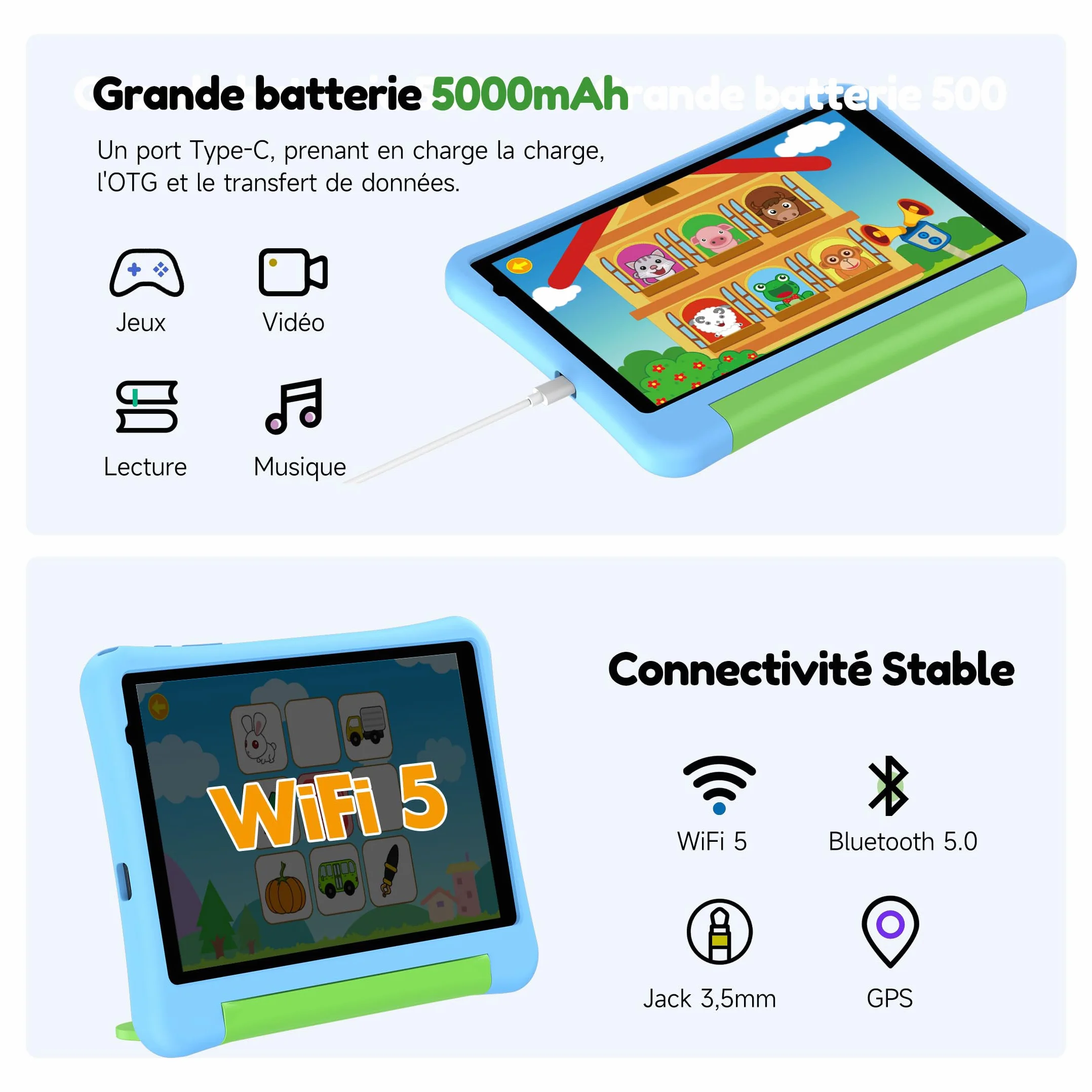 ALLDOCUBE Tablette Enfants 8 Pouces Android 15 Éducative T310 32Go ROM 5000mAh WiFi Coque Antichocs Bleu