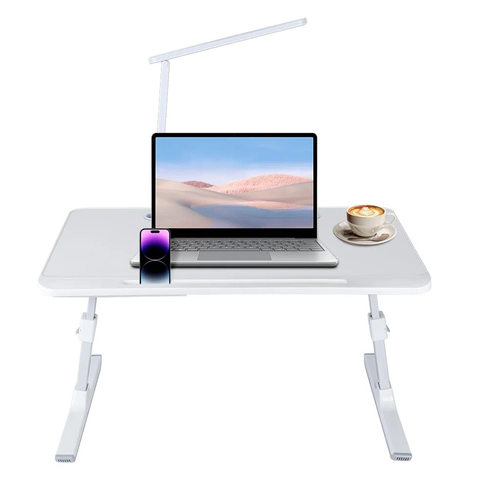 Table d’Ordinateur en Bambou Pliable Réglable avec Tiroir, Support Portable pour Lit Canapé, Blanc 60x40x27-40cm