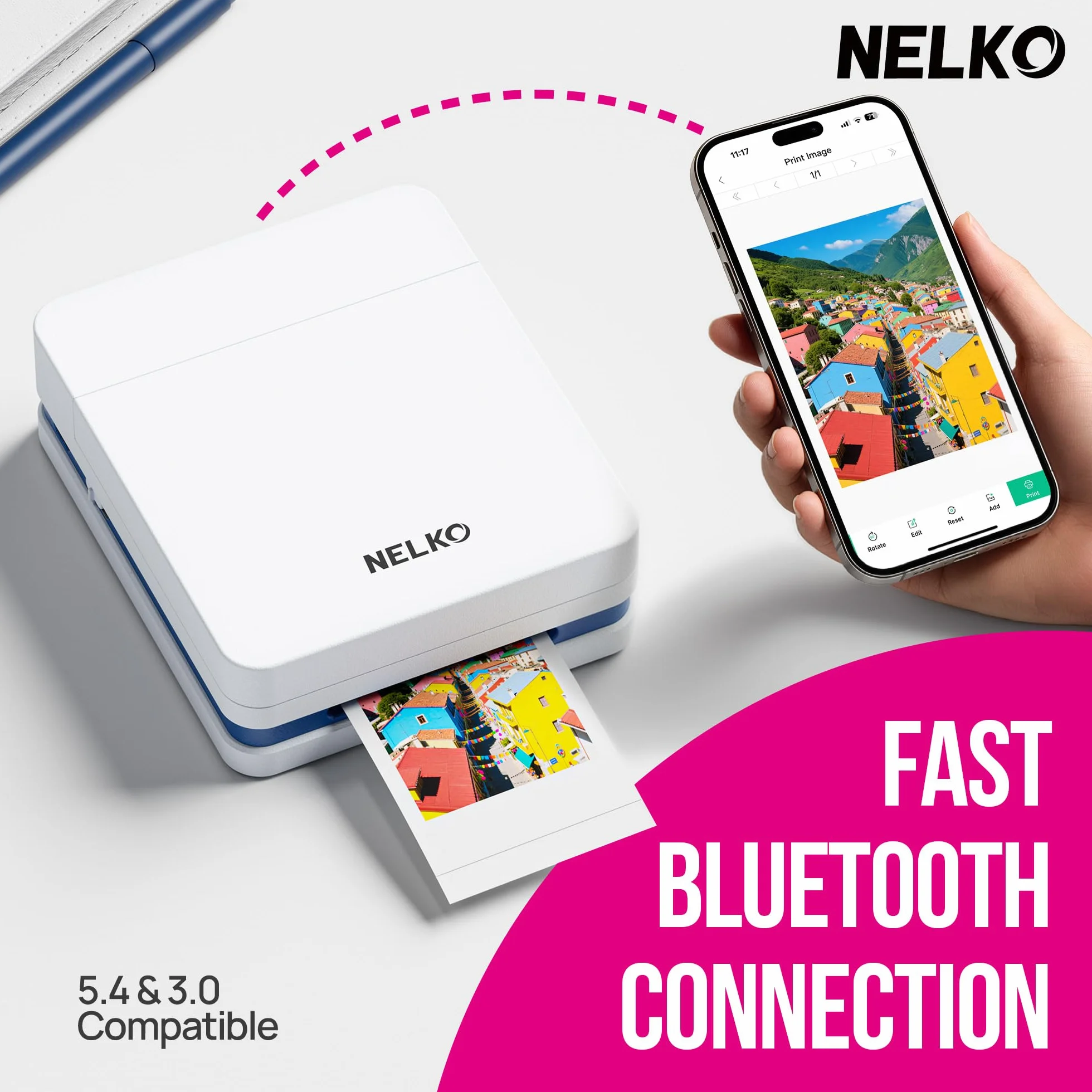 Nelko PP01 Imprimante photo portable avec 100 feuilles de papier, cartouche d'encre, impression adhésive pour iOS/Android, mini imprimante de poche