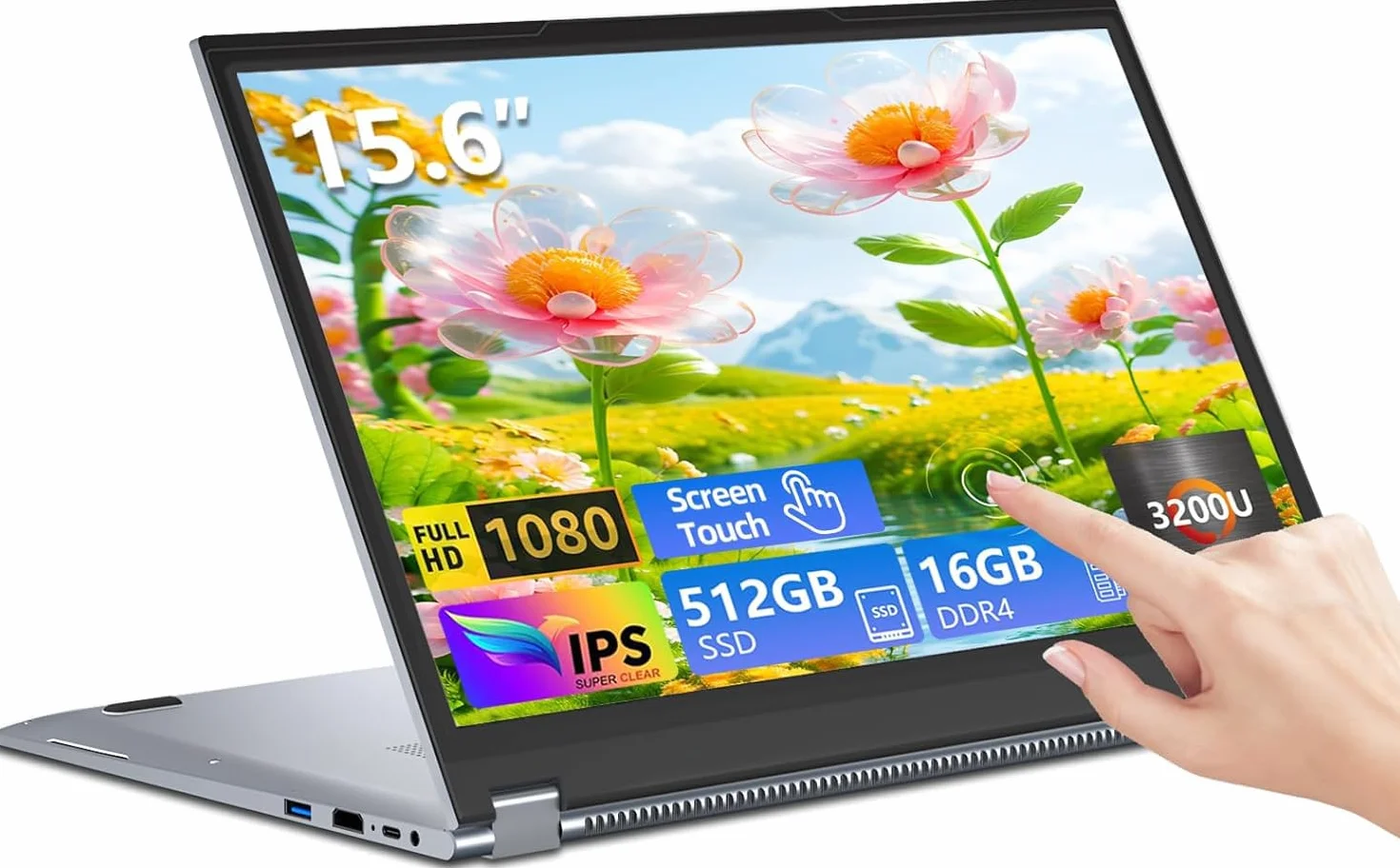 Ordinateur Portable 2 en 1 15.6" 16Go RAM 512Go SSD Ryzen 3 Tactile 360° Flip 1920x1080 IPS RJ45 Type-C USB 3.0 Ultra-Fin Léger