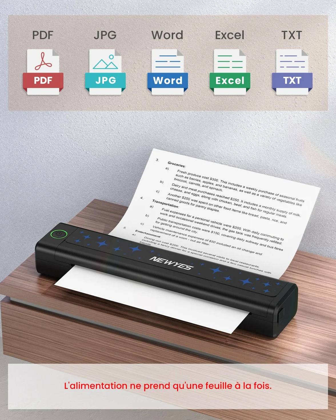 NEWYES Imprimante Thermique Portable sans Fil sans Encre pour Affaires Voyage Maison Éducation