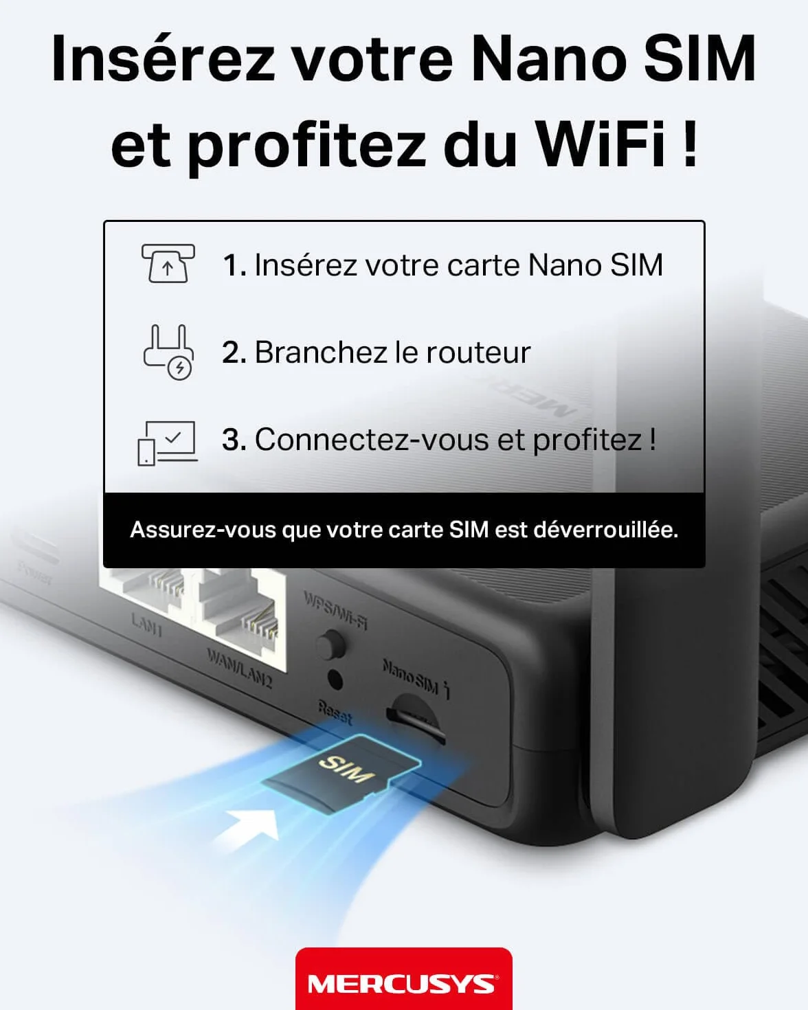 Mercusys MB113-4G Routeur 4G LTE WiFi 300 Mbps 2.4 GHz Carte SIM Nano 2 Antennes USB C