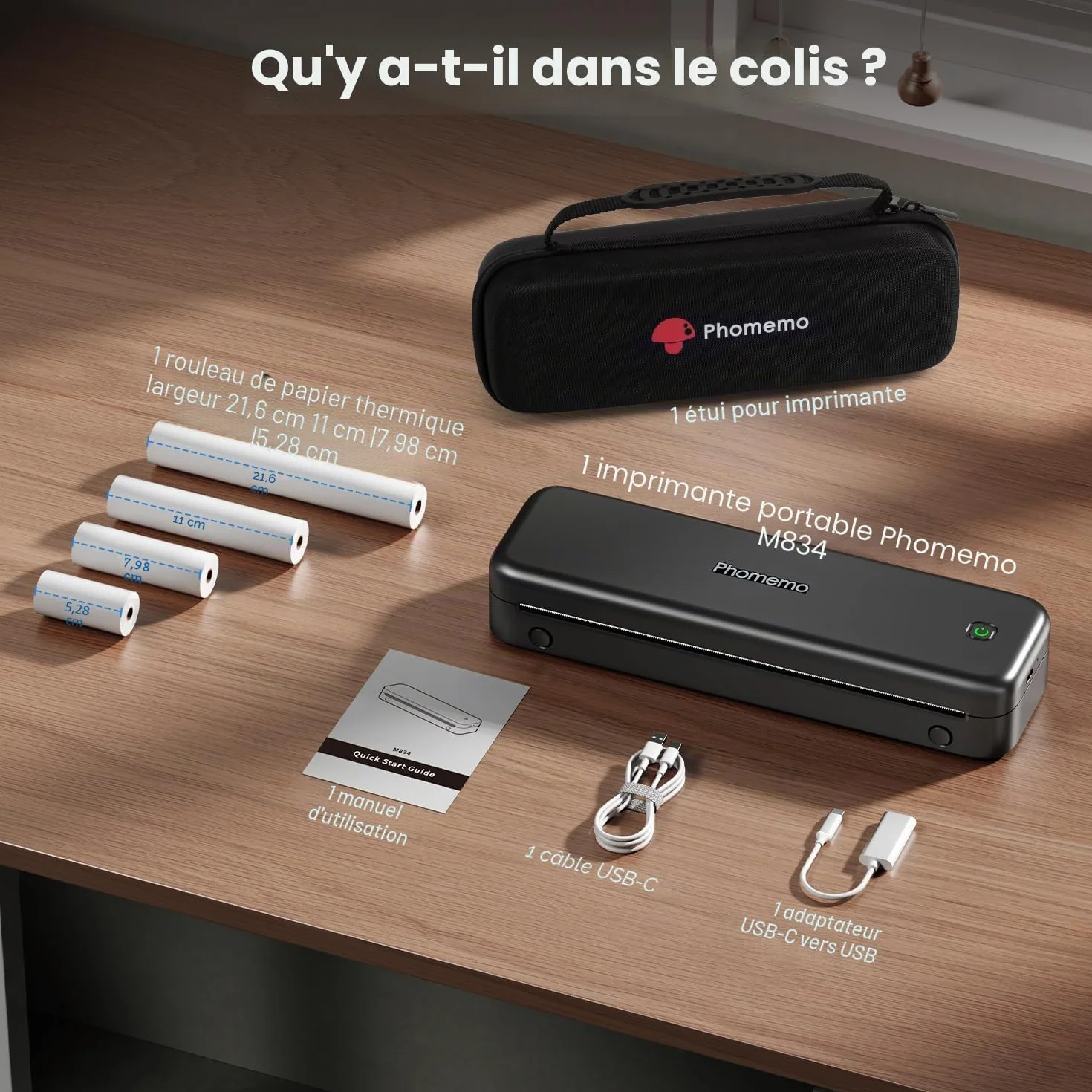 Phomemo M834 Imprimante Thermique A4 sans Encre Bluetooth USB Portable avec Mallette et Papier Noir