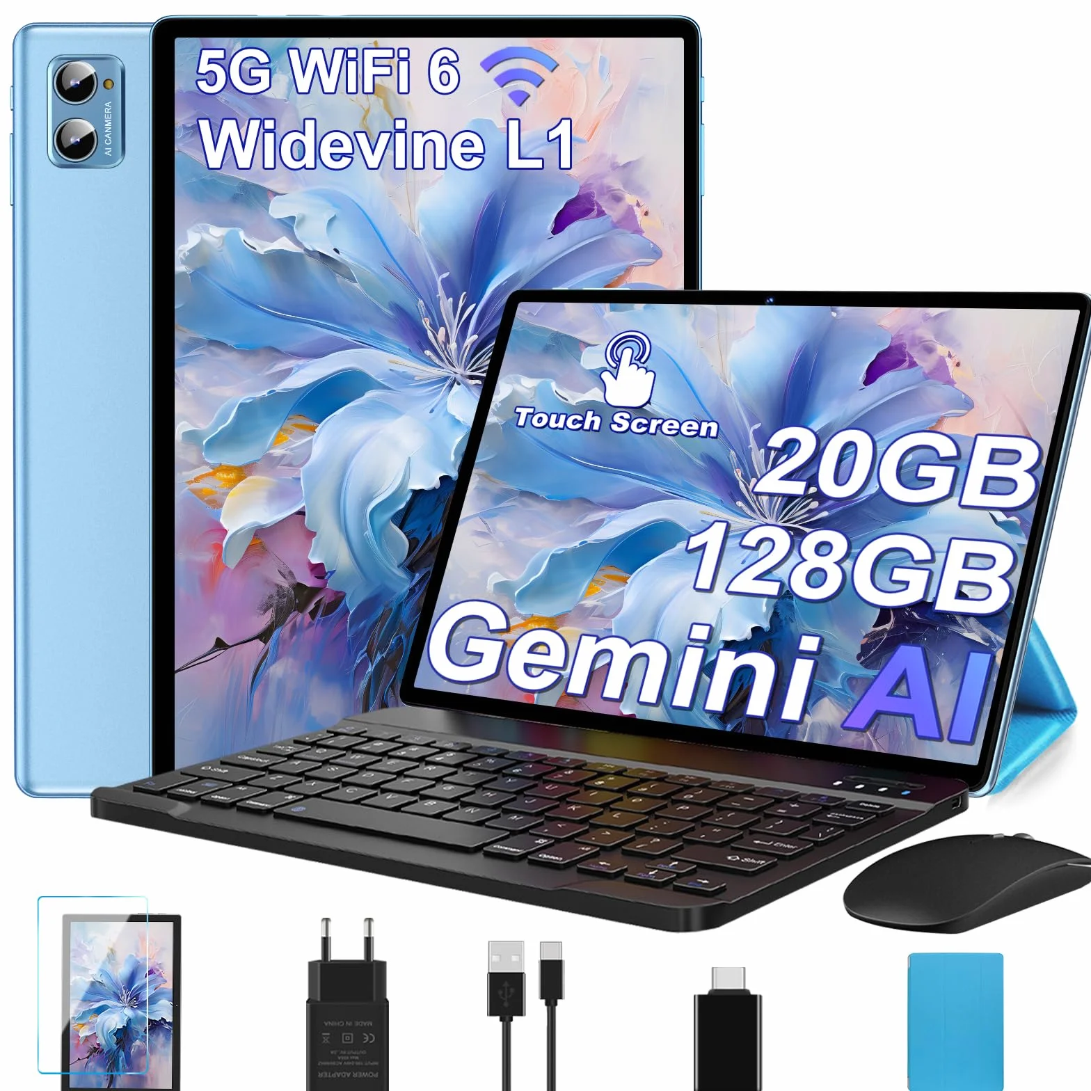 Tablette Android 10 Pouces 20Go RAM 128Go ROM Octa-Core WiFi 6 BT 5.0 GMS Certified Widevine L1 avec Clavier Souris et Cas - Bleu