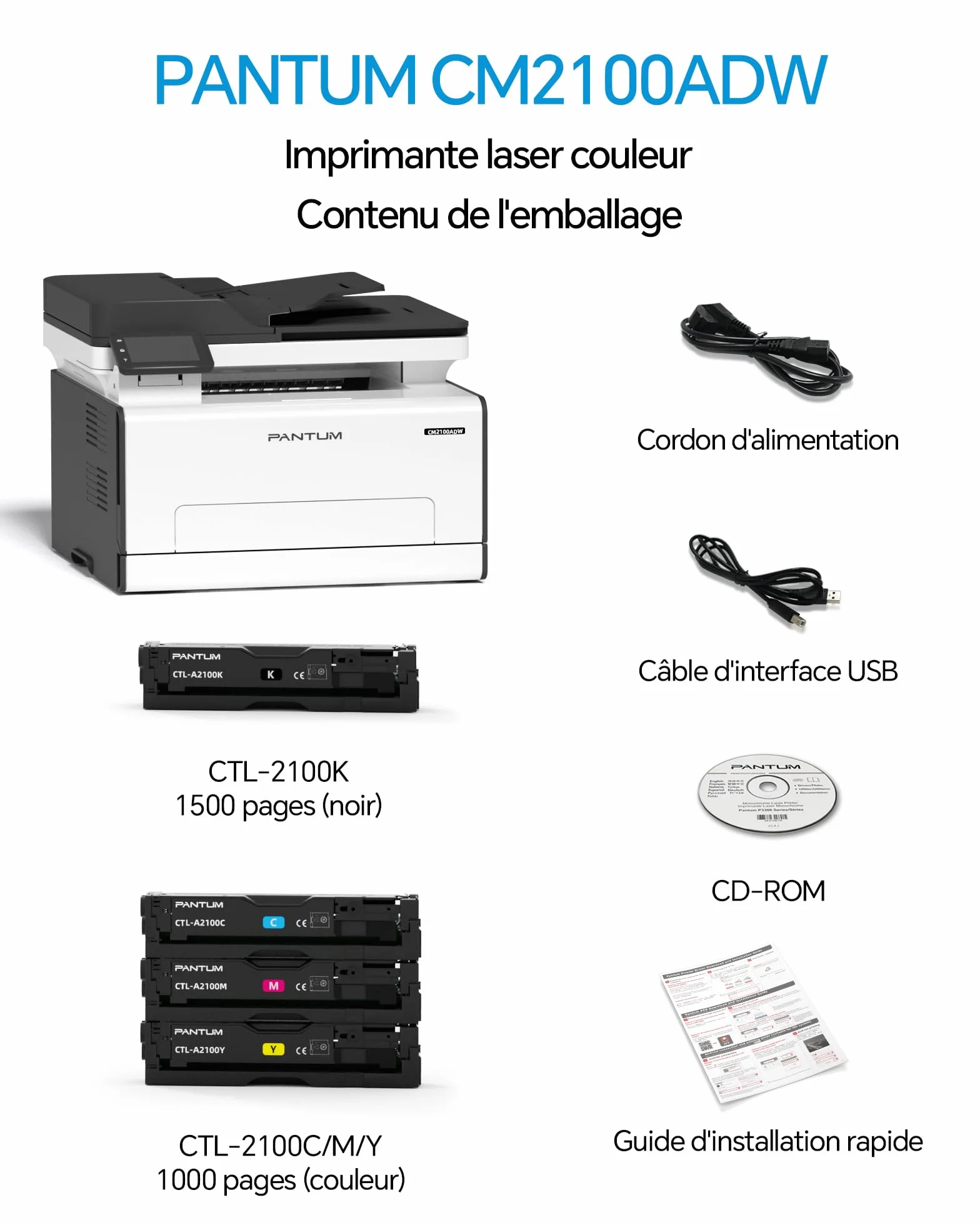 PANTUM CM2100ADW Imprimante Laser Couleur Multifonction, Recto-Verso Automatique, ADF, WLAN, USB, 20ppm
