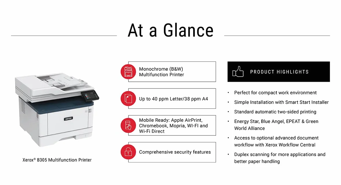 Xerox B305dni Imprimante Multifonction Laser A4 38ppm Noir et Blanc sans Fil Recto-Verso