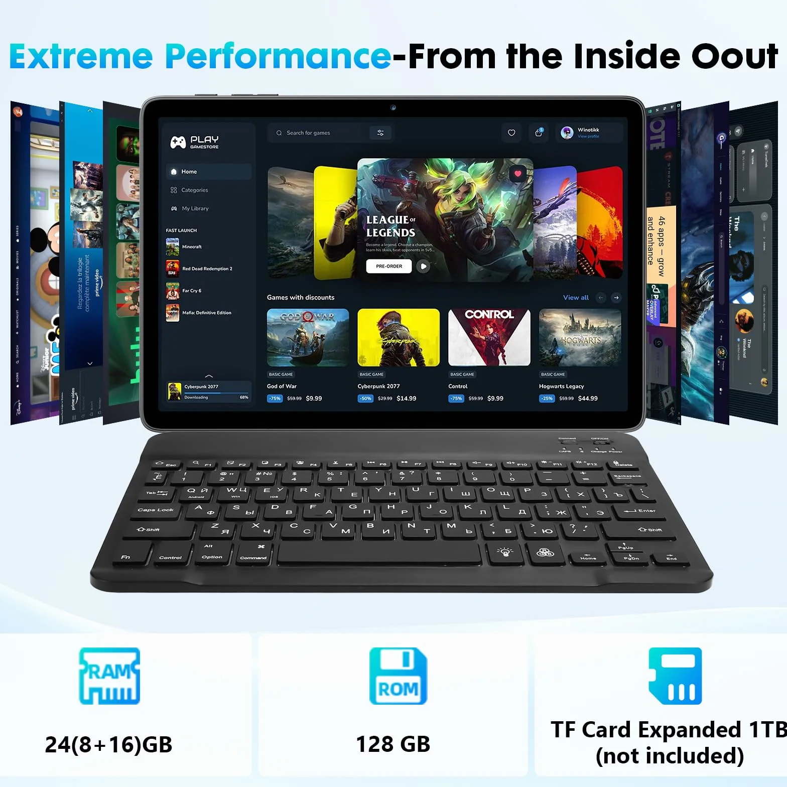 Android 15 Tablet 10" 24GB RAM 128GB ROM Octa-Core 1280x800 HD IPS Touchscreen 5MP+8MP Cameras 6000mAh Keyboard Mouse Widevine L1 Gray