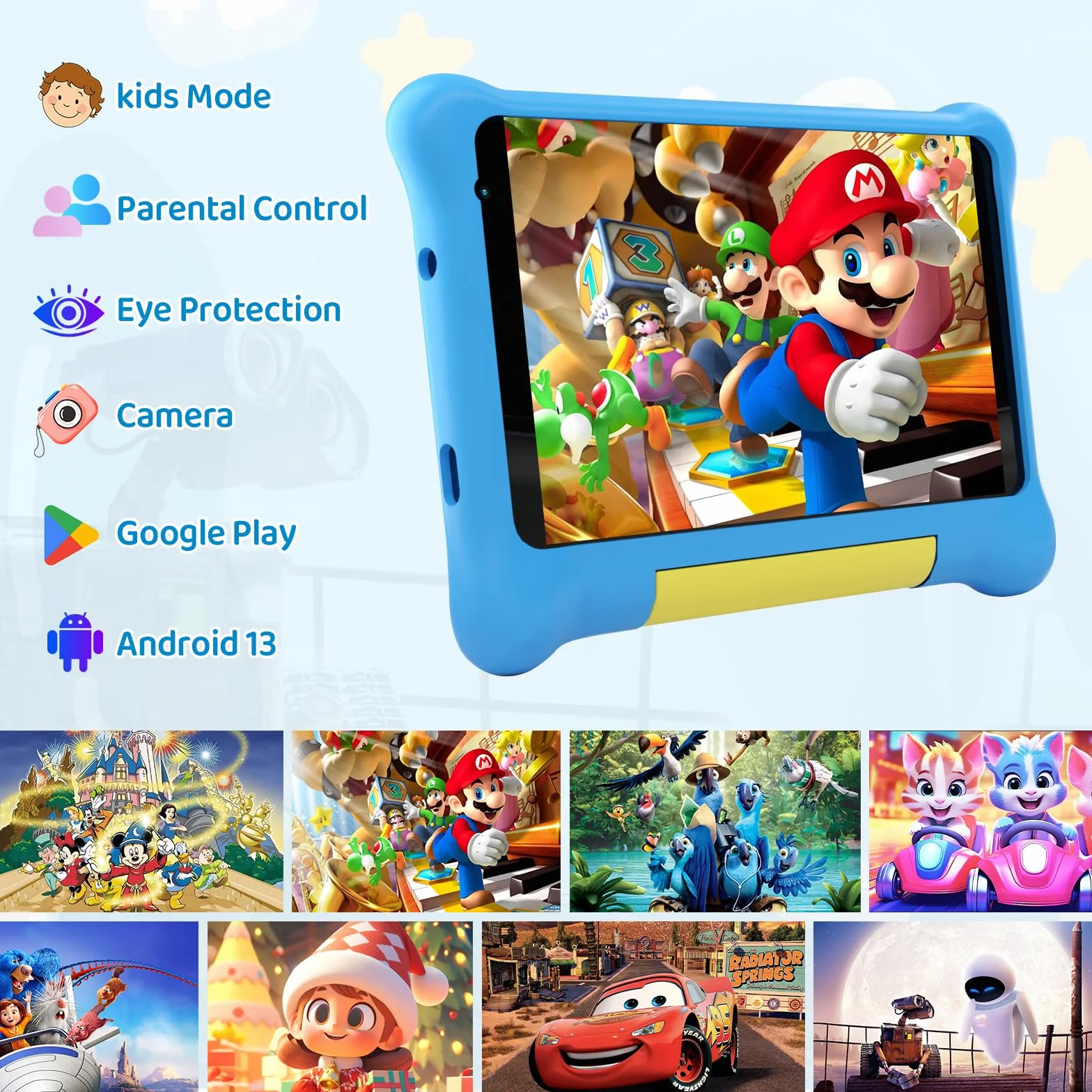 Tablette Enfants 7 Pouces Android 5Go+32Go+128Go Applications Préinstallées Contrôle Parental 1024x600 2500mAh Caméra Double WiFi 6 BT5.2 Bleu