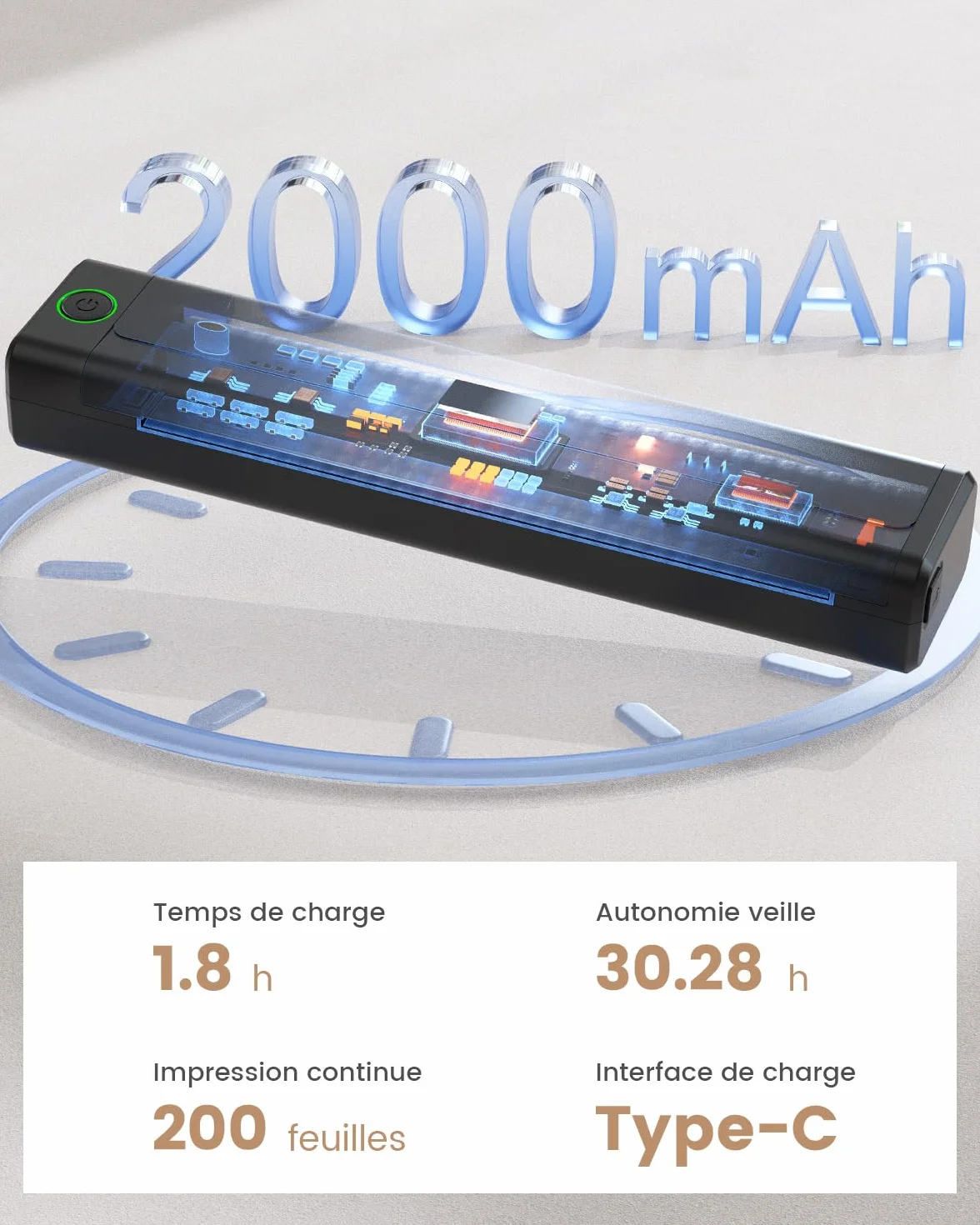 NEWYES Imprimante Thermique Portable sans Fil sans Encre pour Affaires Voyage Maison Éducation