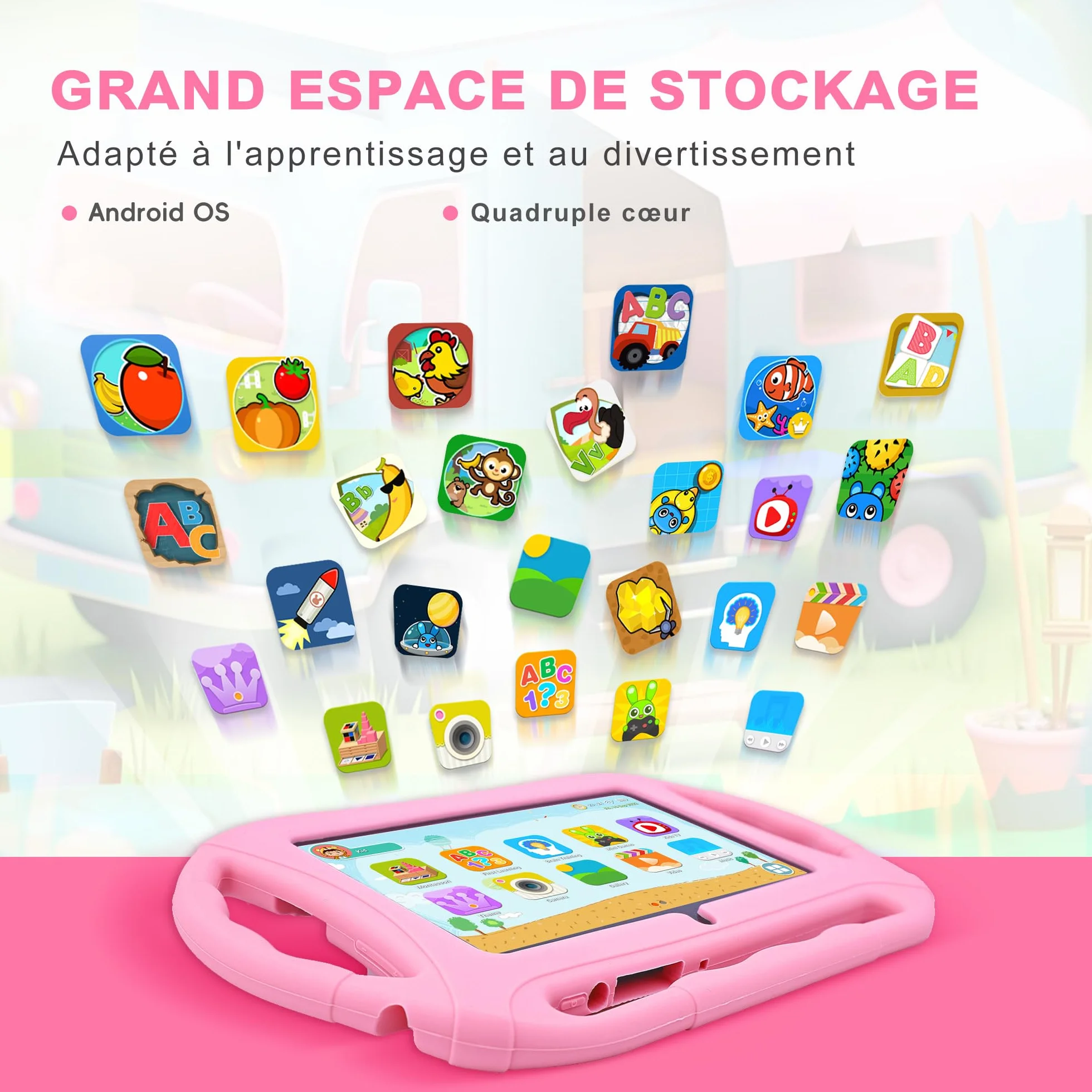 Tablette Android 7 Pouces 2Go RAM 32Go ROM WiFi Écran HD pour Enfants avec Contrôle Parental (Rose)