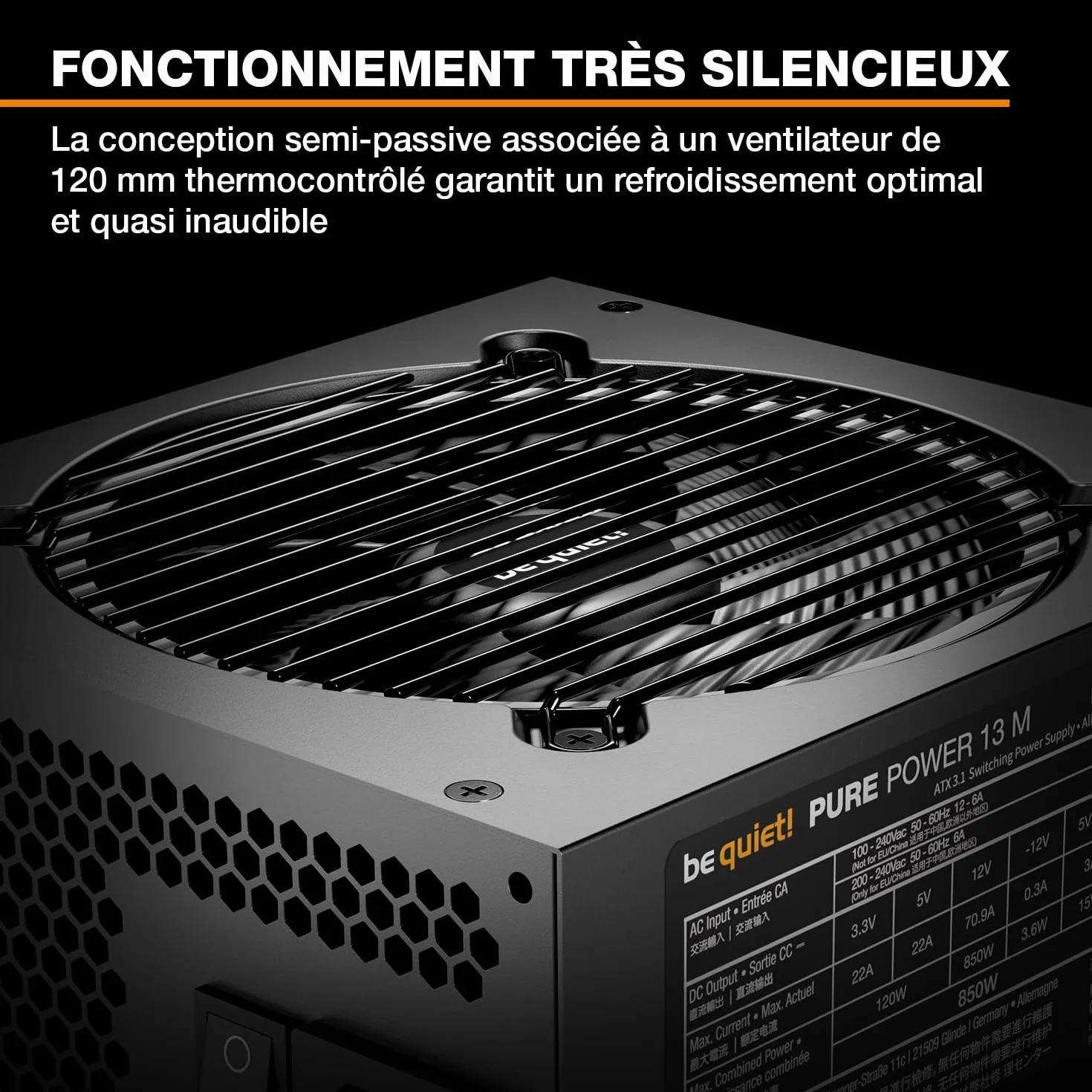 be quiet! Pure Power 13 M 850W Bloc d'Alimentation 80 Plus Gold ATX 3.1 PCIe 5.1 Ventilateur Semi-Passif 120 mm