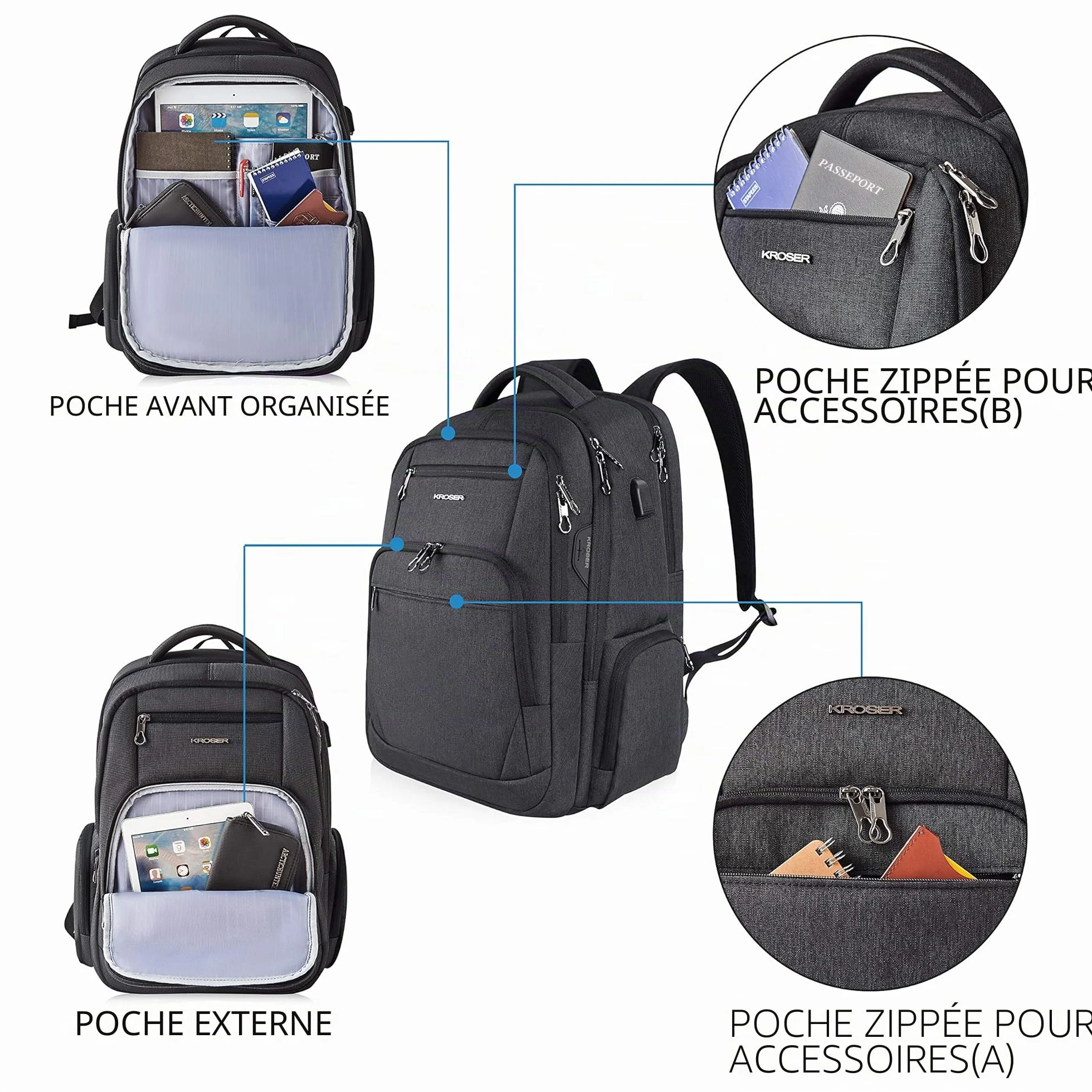 KROSER Sac à dos ordinateur portable 17,3" imperméable USB RFID