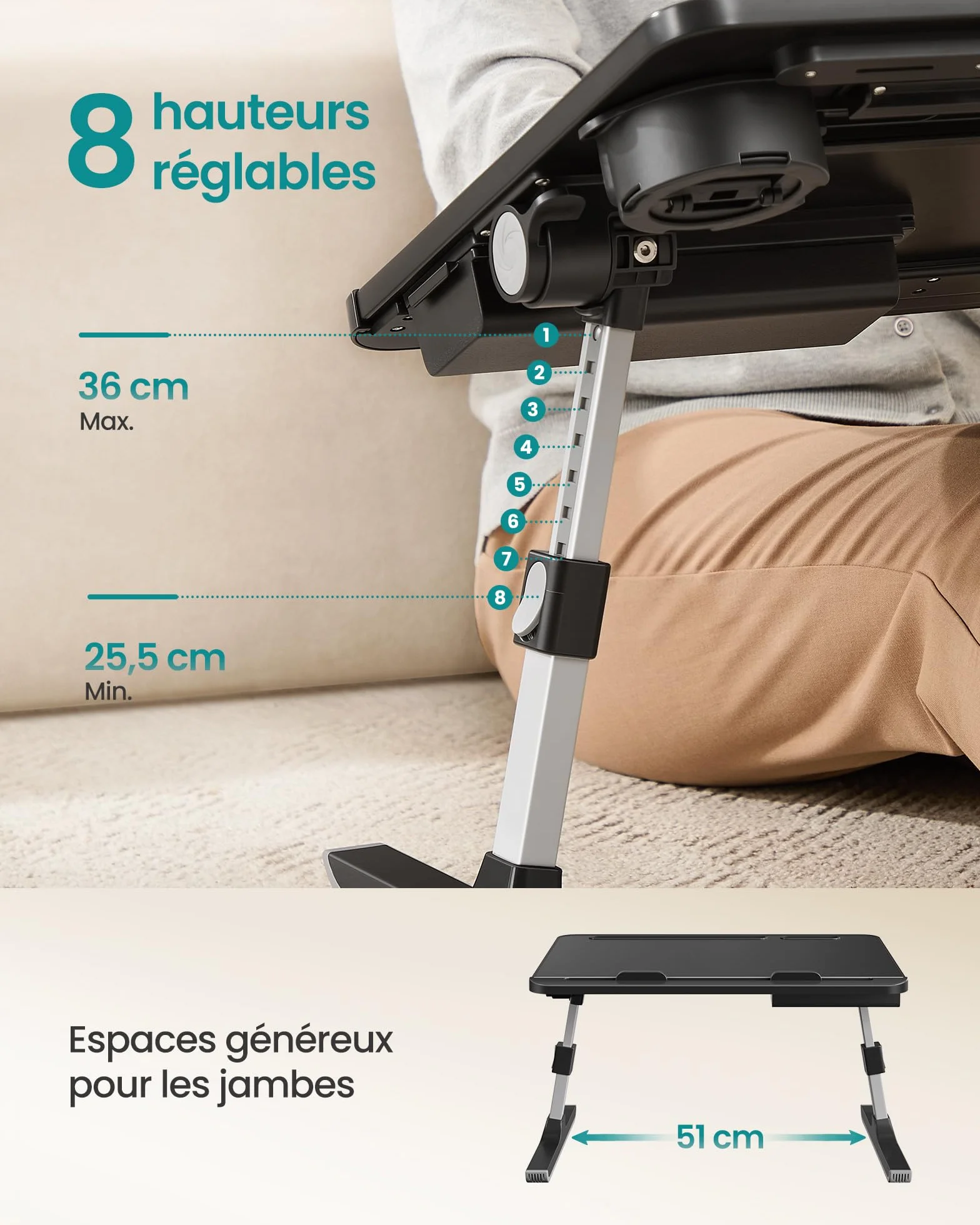 SONGMICS Table de Lit Pliable Plateau 56 x 40 cm Hauteur Réglable Inclinaison 120° Noir d’Encre