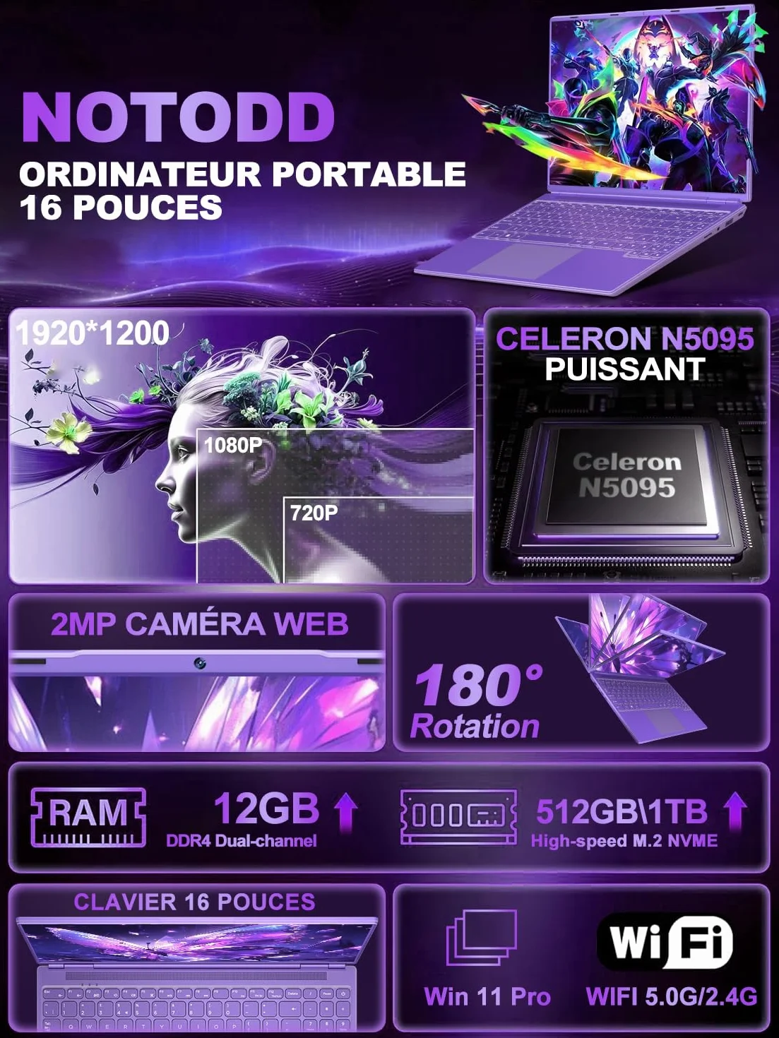 Ordinateur Portable Gaming 16 Pouces 12+512 Go Extensible 1TB Celeron N5095 2,9 GHz 1920x1200 PC Gamer 2K WiFi Mini HDMI Violet