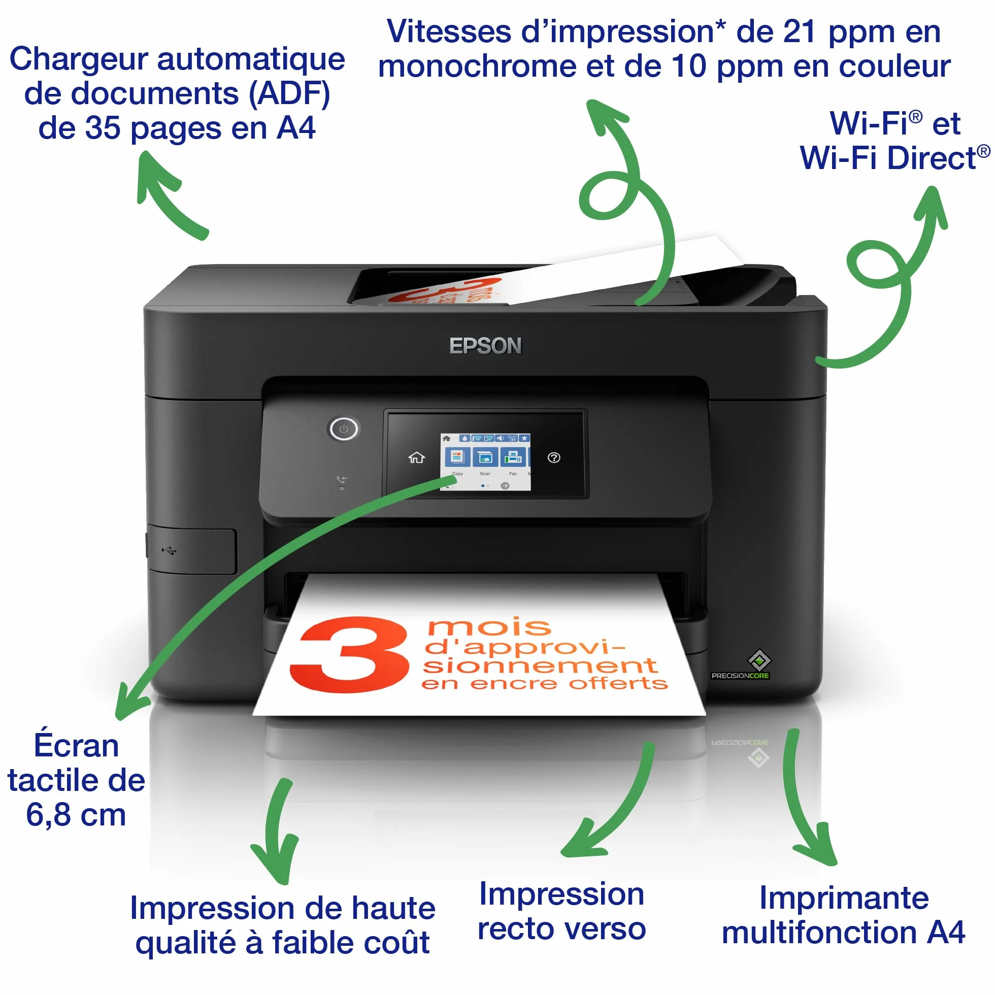 EPSON WorkForce WF-3820DWF Imprimante 4-en-1 WiFi Direct Ethernet 21ppm PrecisionCore ADF