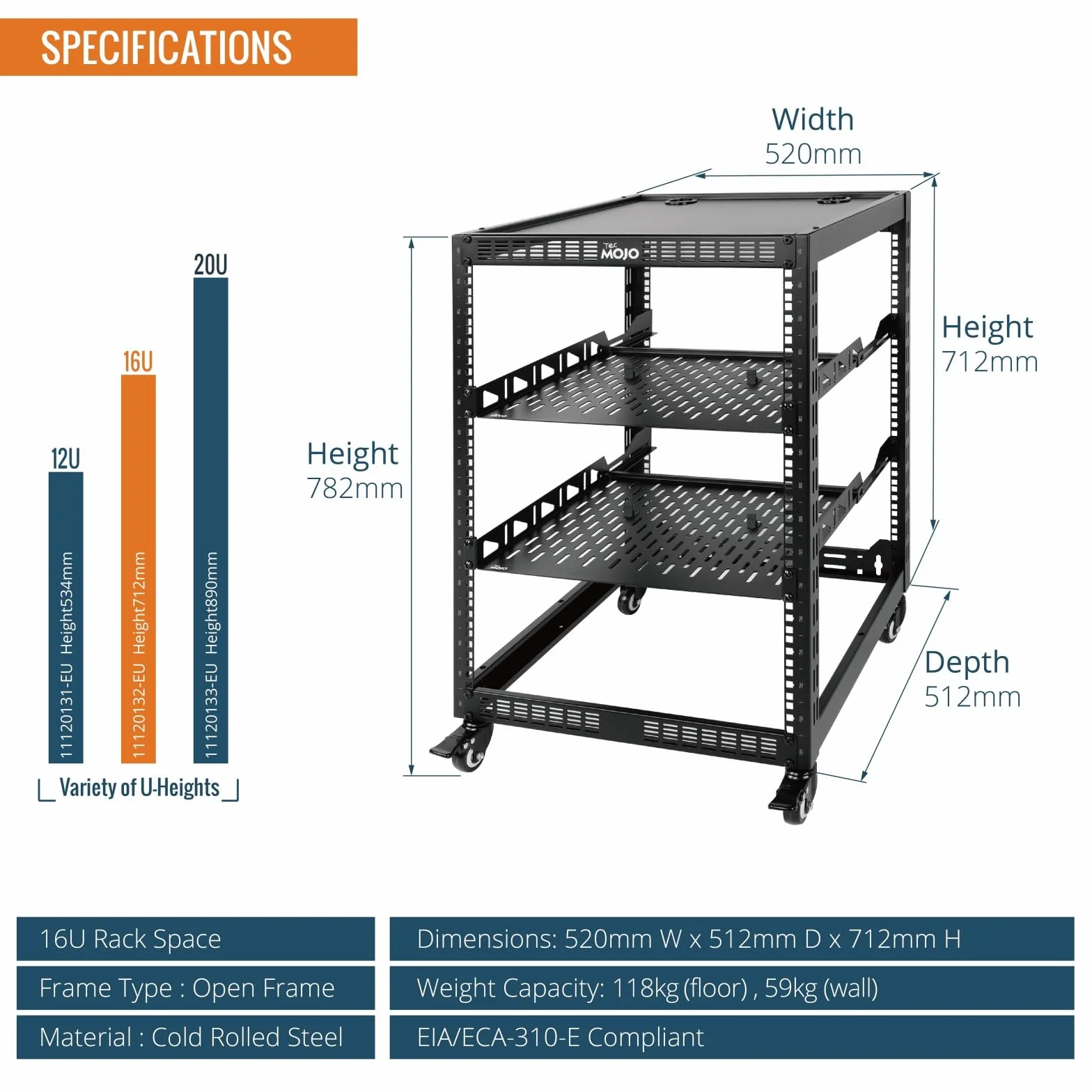 Tecmojo Rack Réseau 19 Pouces 16U à Structure Ouverte, Armoire 4 Montants avec Roulettes, Noir