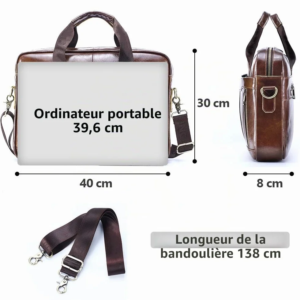 Sacoche Ordinateur Homme Cuir Véritable 15,6 Pouces Bandoulière Sac Porte Document Business