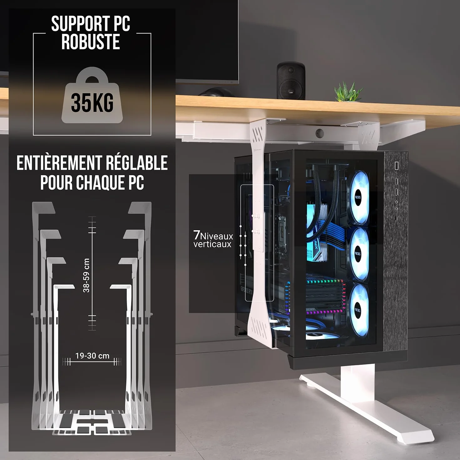 Support PC sous Bureau Charge Lourde 35 kg Fixe Adaptable Blanc