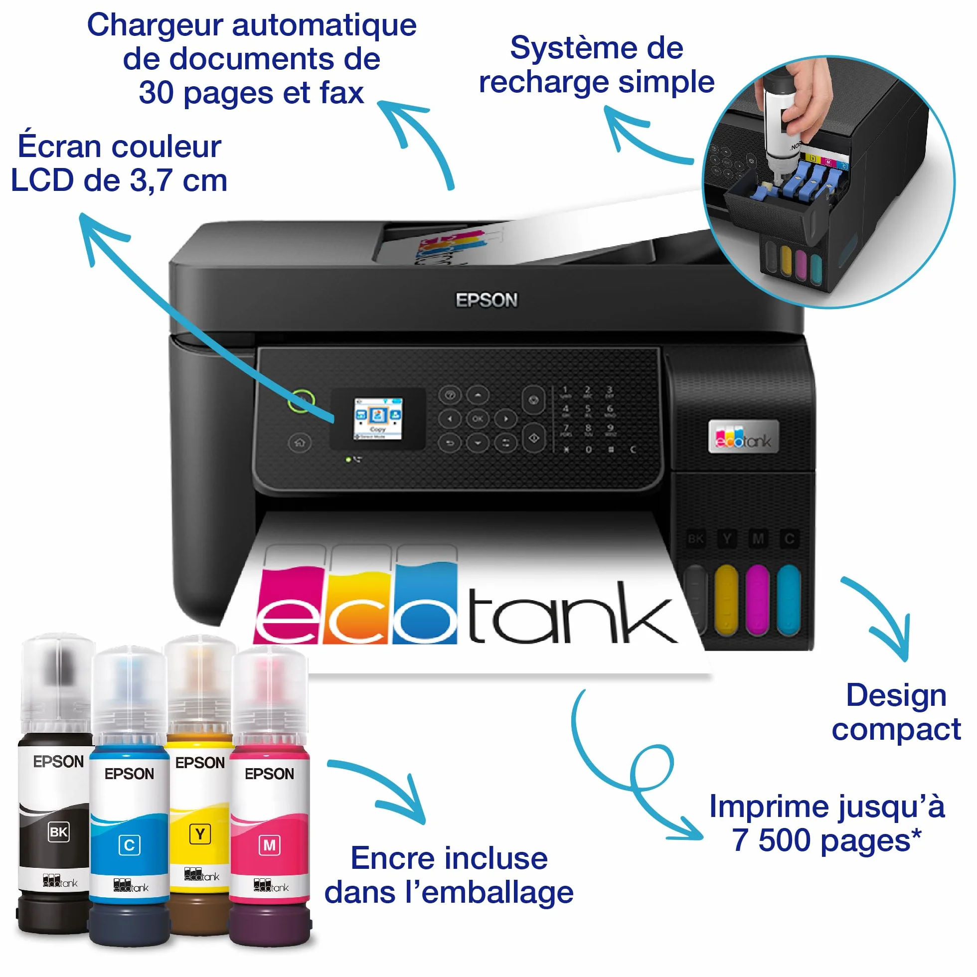 Imprimante multifonction A4 Wi-Fi EcoTank ET-4800 avec réservoirs d'encre et 3 ans d'encre inclus