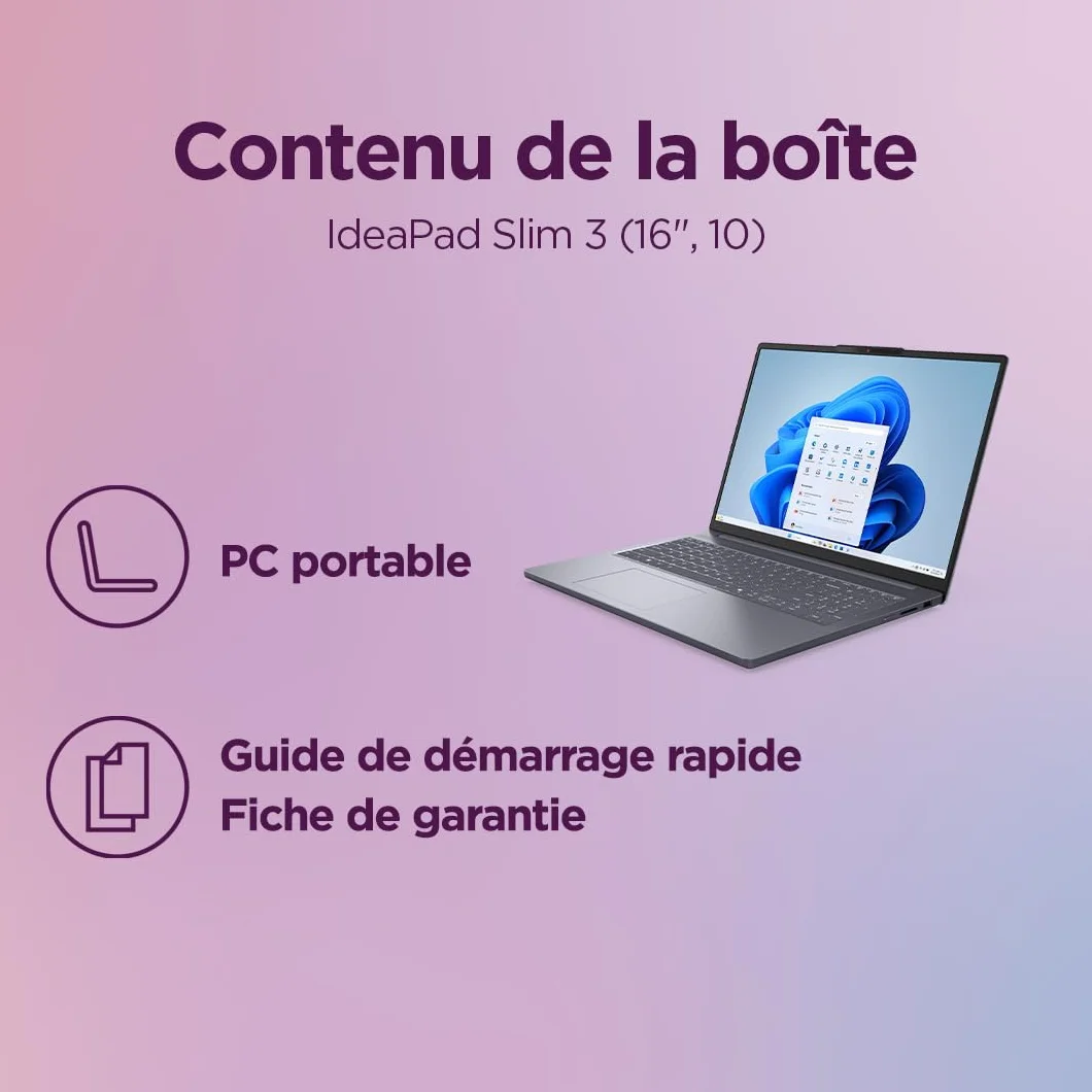 Lenovo IdeaPad Slim 3 16ARP10 Ordinateur Portable 16" WUXGA AMD Ryzen 7 170 RAM 16Go SSD 512Go AMD Radeon 680M Graphics Windows 11 Home Gris