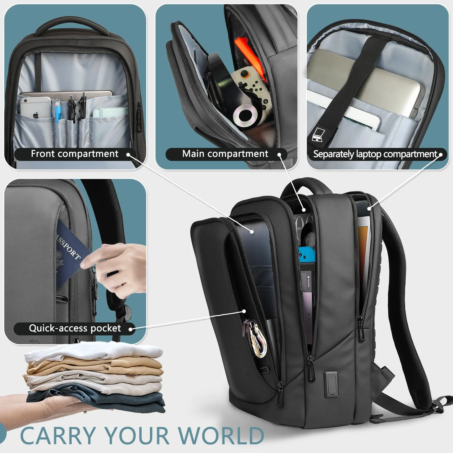 Sac à dos Ordinateur Portable Double Port USB Impermeable Antivol Multifonction Homme Travail Voyage