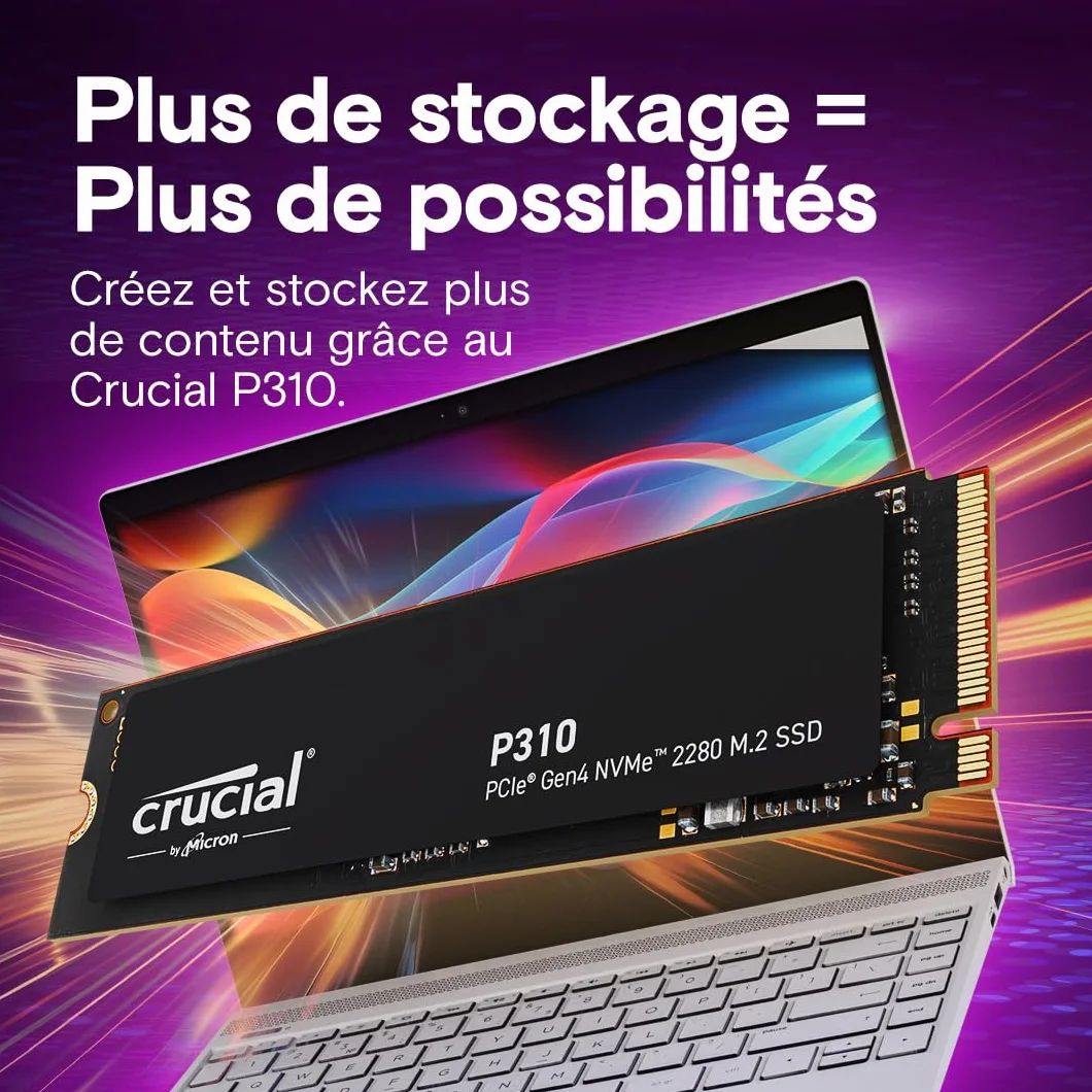 Crucial P310 SSD 1To PCIe Gen4 NVMe M.2 2280 Jusqu’à 7100 Mo/s Disque Dur Interne