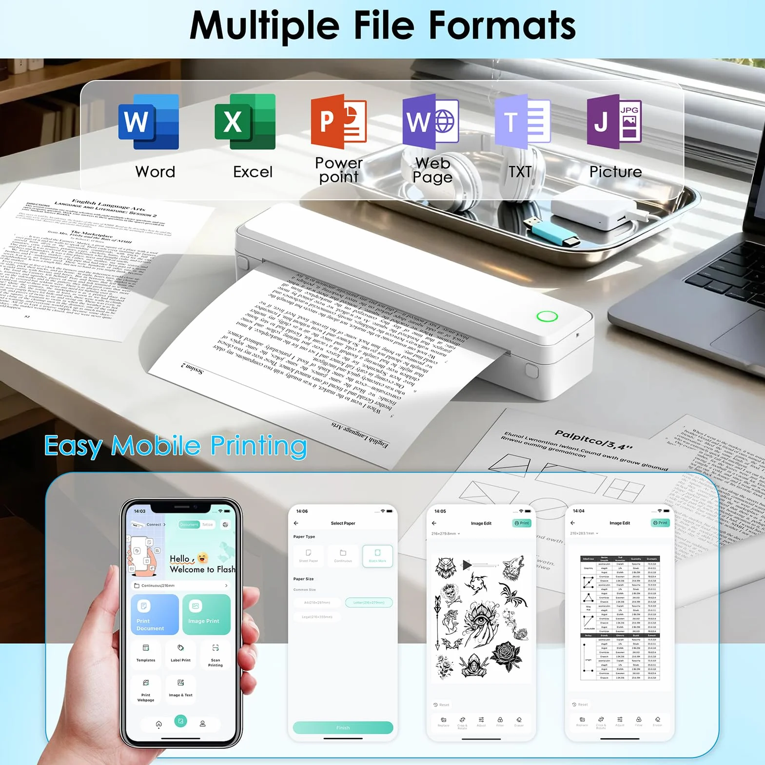 Imprimante thermique Bluetooth portable sans fil Knaon, compatible papier thermique US Letter A4, inclut 3 rouleaux