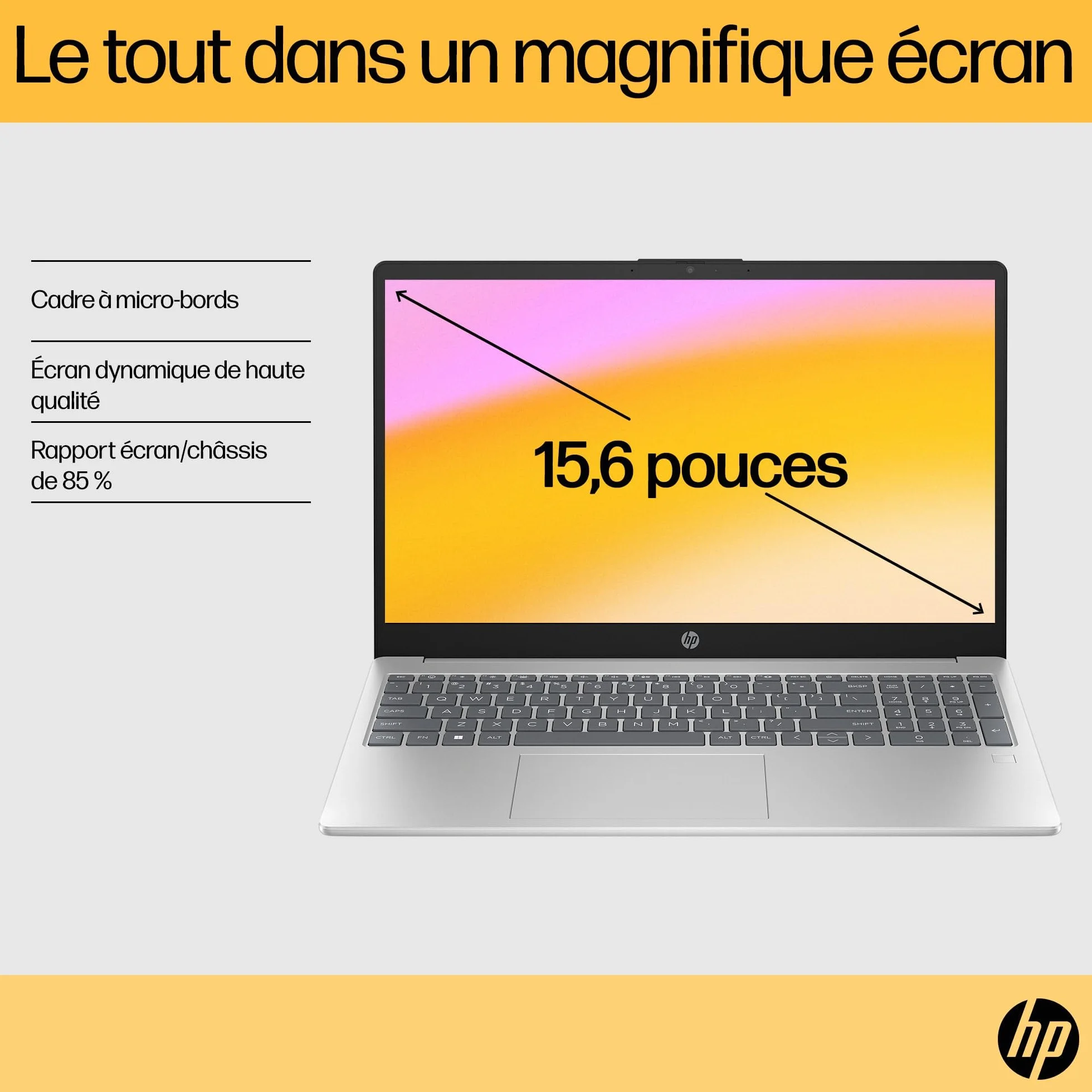 HP 15-fc0005sf Ordinateur Portable 15,6" FHD AMD Ryzen 5 7520U RAM 8 Go SSD 512 Go AMD Radeon Graphics Windows 11 Argent Clavier AZERTY