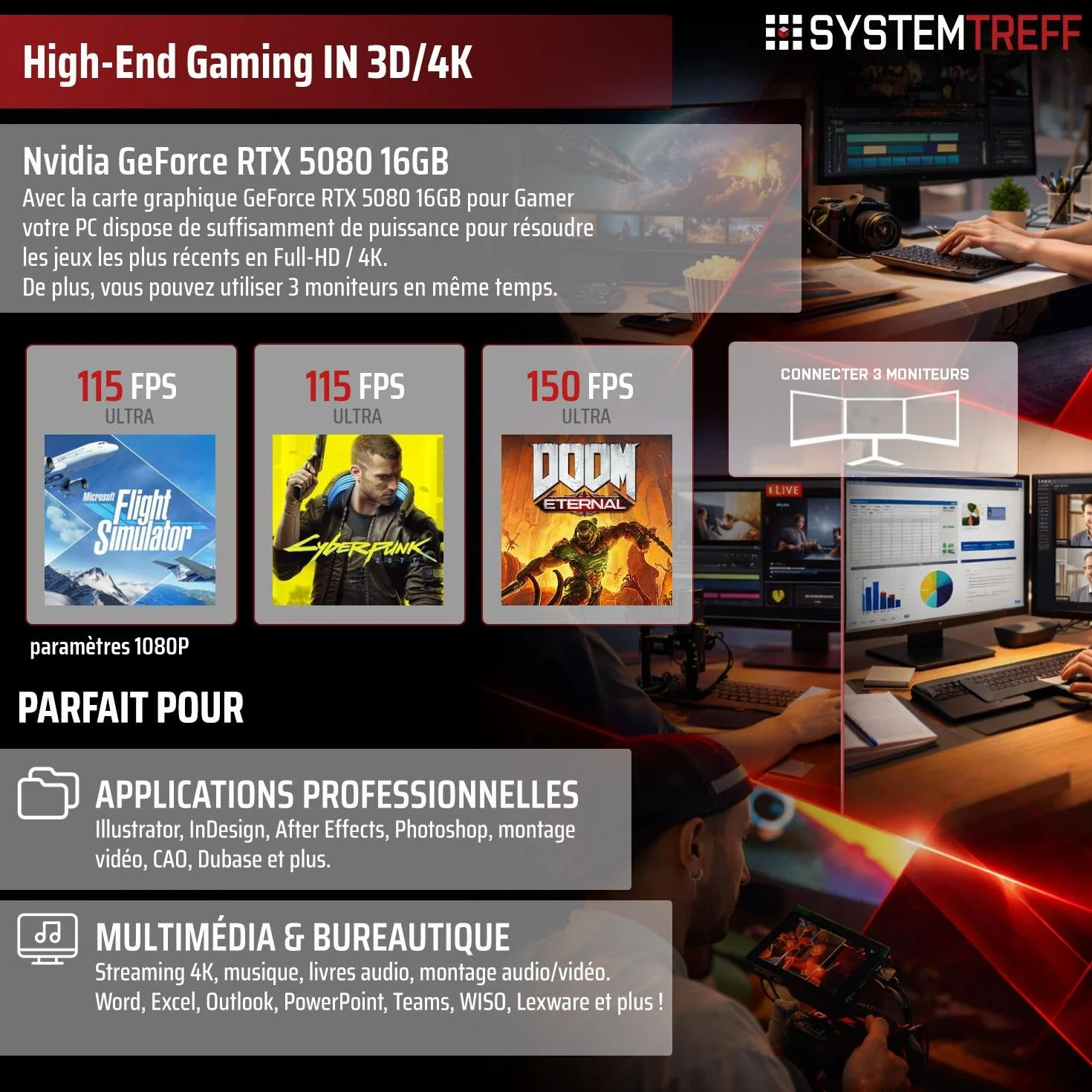 SYSTEMTREFF PC Gamer AMD Ryzen 7 9800X3D 8x5.2GHz Nvidia RTX 5080 16Go 1To M.2 NVMe 32Go DDR5 RAM Windows 11 Ordinateur de Bureau